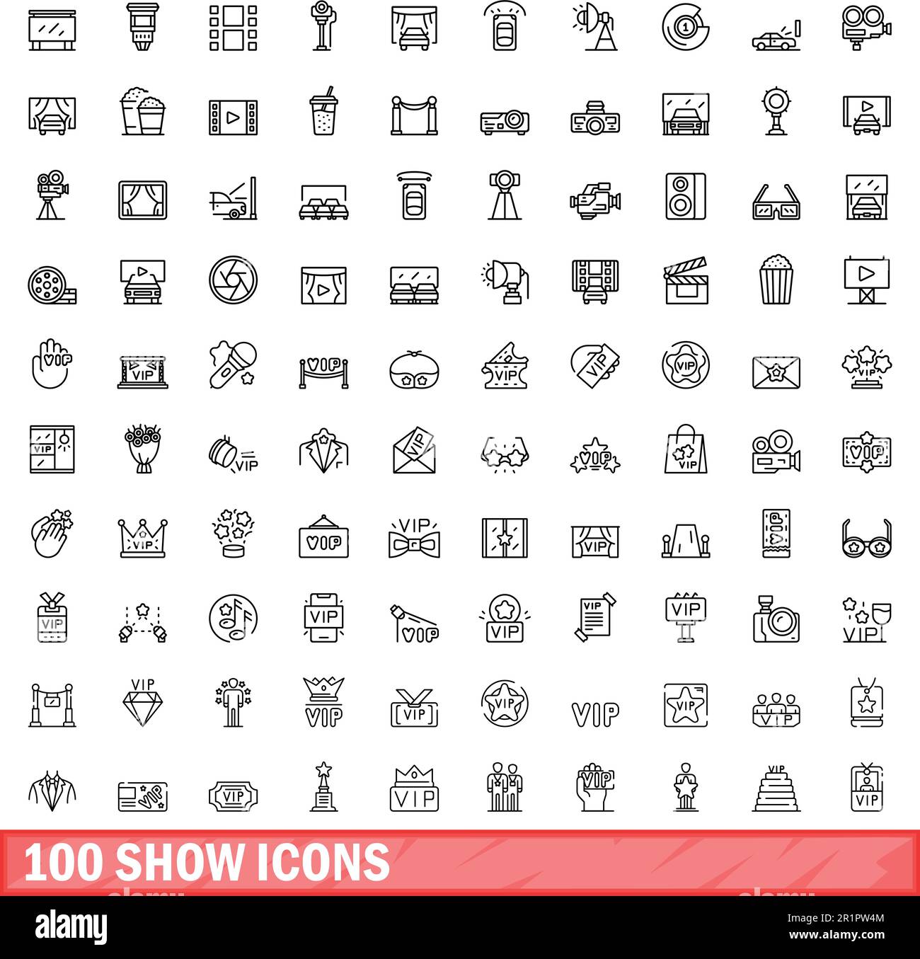 100 Symbolsatz anzeigen. Die Gliederungsabbildung von 100 zeigt Symbole, die auf weißem Hintergrund isoliert sind Stock Vektor
