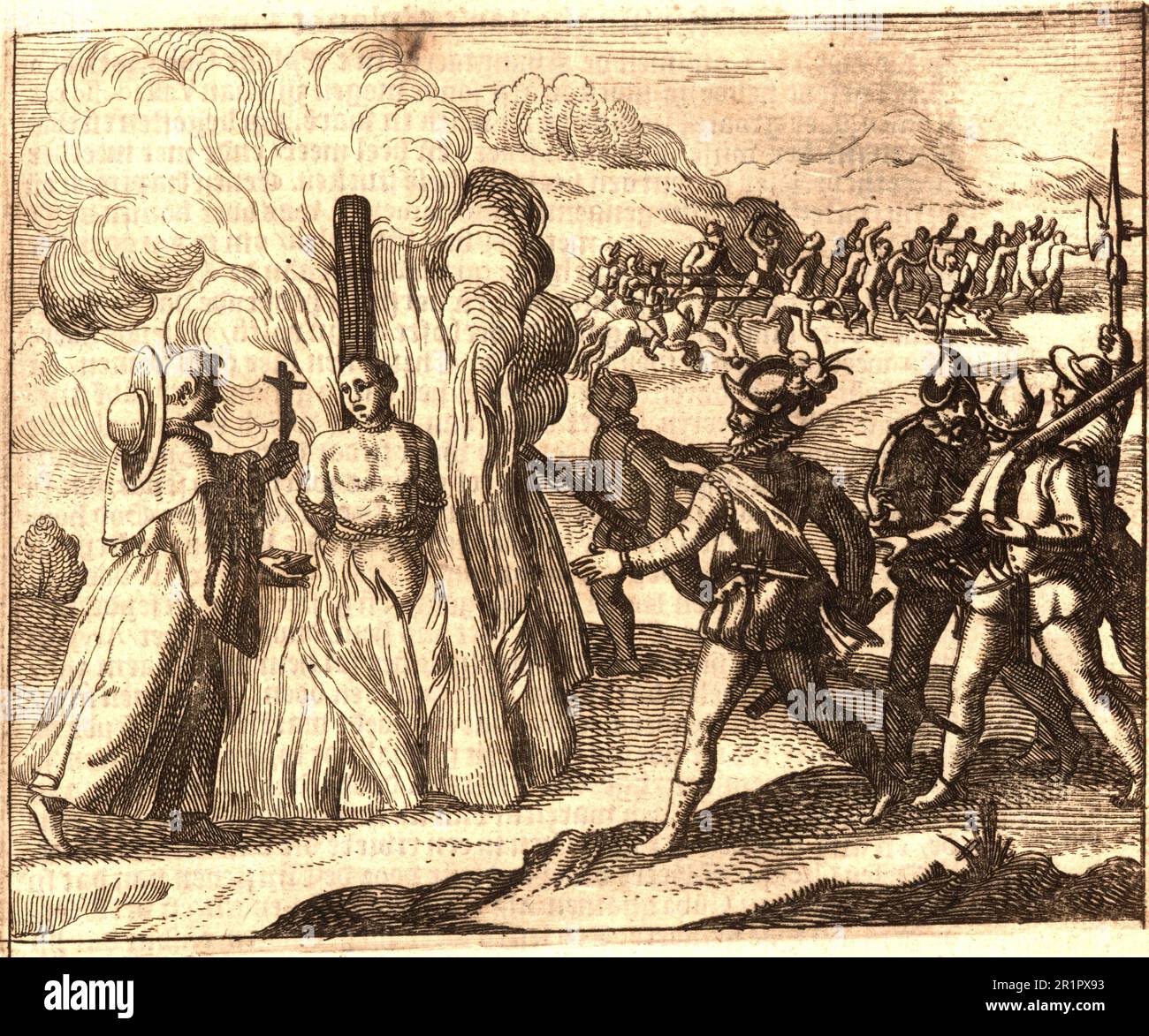 Folter, Spanier verbrennen einen Mann auf dem Scheiterhaufen. Ein Priester hält dem Mann, der verbrannt oder gefoltert werden soll, eine Bibel und ein Kruzifix aus dem Jahr 1750, Amerika, Historisch, digital restauriert aus einem Original/Folter aus dem 19. Jahrhundert, Spanier verbrennen einen Mann auf dem Scheiterhaufen. Ein Priester hält dem Mann, der verbrannt oder gefoltert werden soll, eine Bibel und ein Kruzifix hin, 1750, Amerika, Historisch, digital restaurierte Reproduktion von einer Vorlage aus dem 19. Hundert Stockfoto