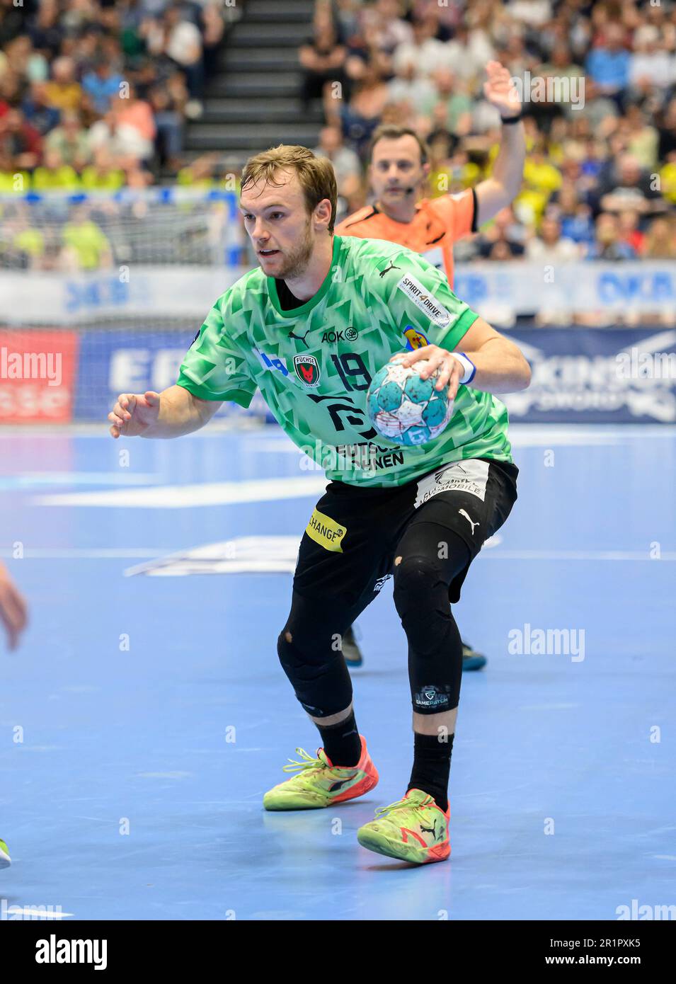 Mathias GIDSEL (B) Action, Handball 1. Bundesliga, 30. Spieltag, Bergischer HC (BHC) - Fuechse Berlin (B) 34:30, am 14. Mai 2023 in Düsseldorf. Â Stockfoto