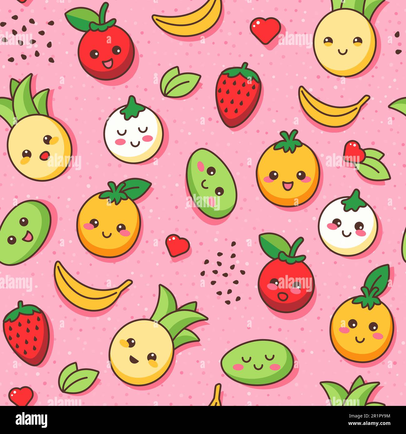 Fröhliches und helles Sommermuster mit saftigen tropischen Früchten. Kawaii-Cartoon-Style. Vektordarstellung. Nahtloses Vektormuster, perfekt für Kinder Stock Vektor