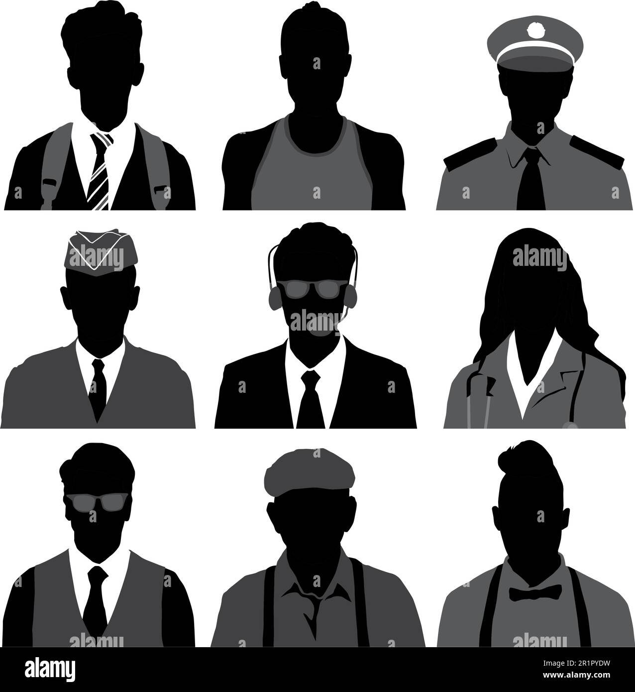 Silhouetten-Symbolsatz von Personen in mehreren Berufen. Stock Vektor