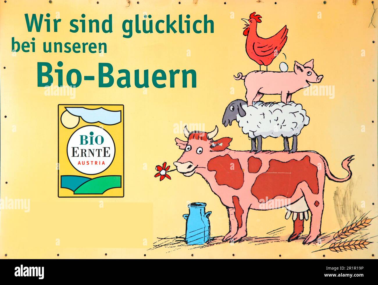 Werbung für Bio-Bauern, ähnlich wie die Bremer Stadtmusiker Stockfoto