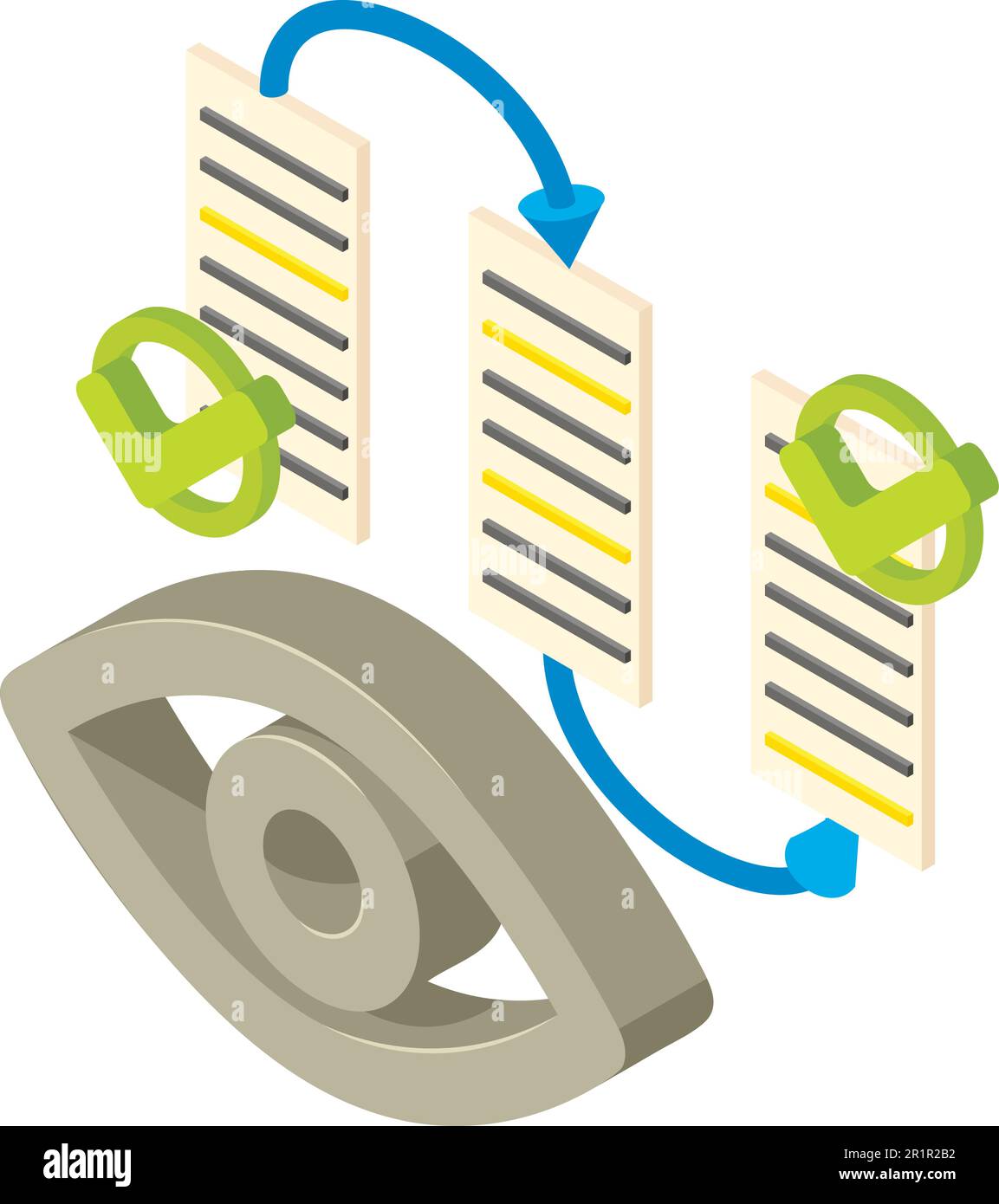 Isometrischer Vektor des Symbols für geordnete Datensätze. Webseite, Übergangspfeil, Häkchen, Auge. Blockchain-Technologie, Kryptowährungskonzept Stock Vektor