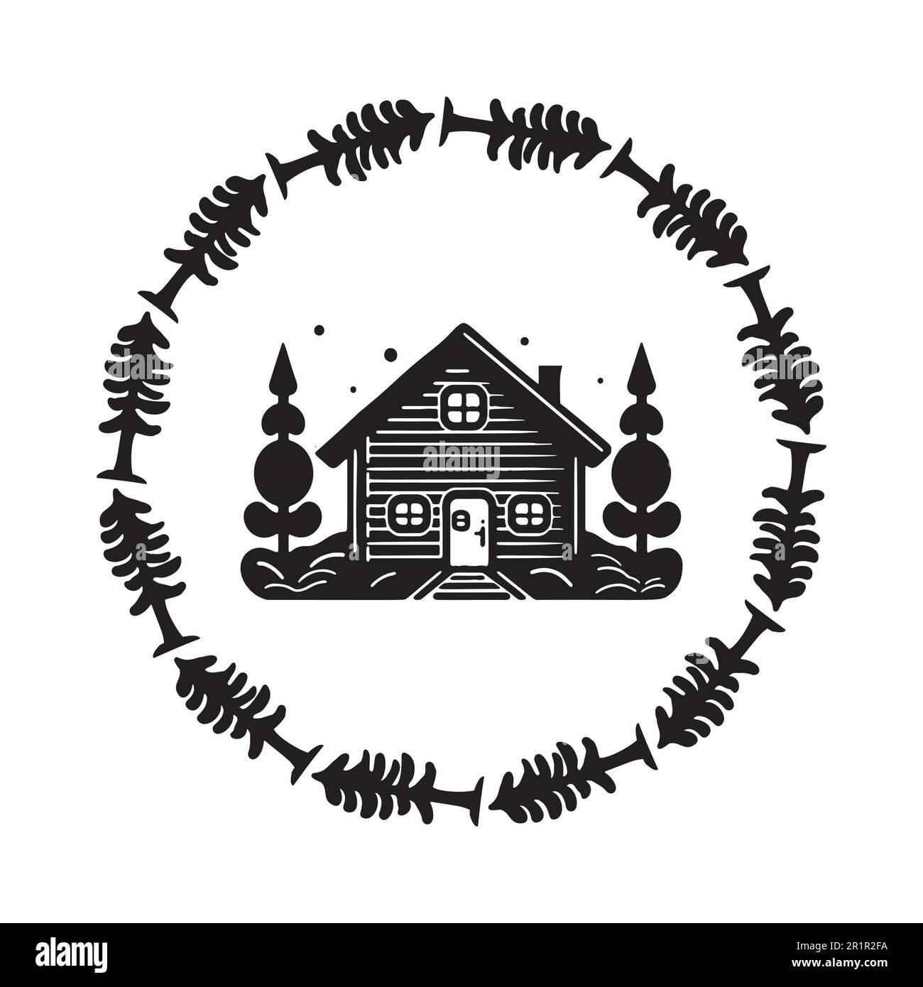 Holzkabine in scandi Linocut-Vektordarstellung. Alpenhütte im Landurlaub Dorf Cartoon. Stock Vektor