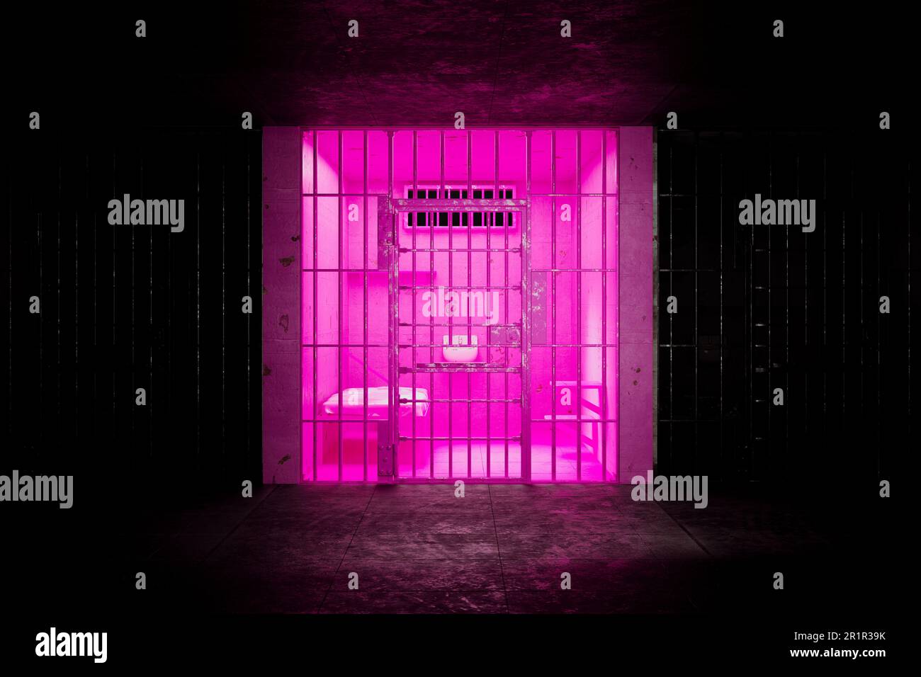Leere rosa Zelle in einem Gefängnisblock. Farbe wählte, um zu beruhigen, sich zu beruhigen, aggressive Kriminelle, Serienmörder, Psychos, verrückte Insassen. Wohlverdiente Zeit Stockfoto