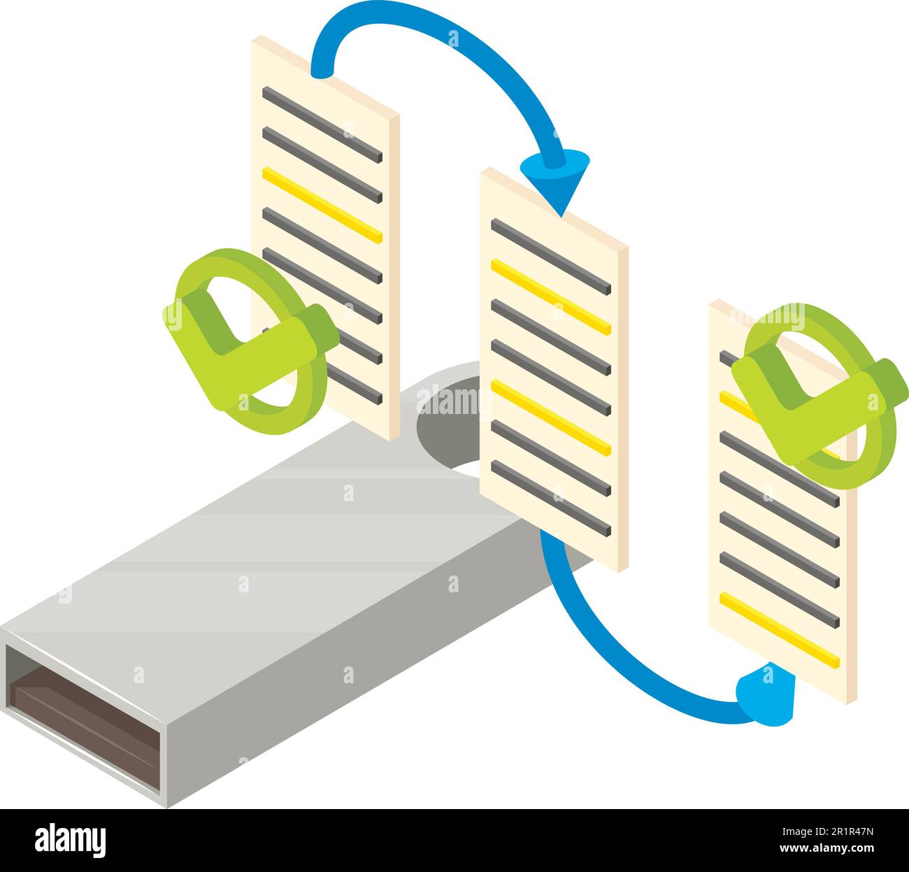 Isometrischer Vektor des Symbols für geordnete Datensätze. Webseite, Übergangspfeil, grünes Häkchen. Blockchain-Technologie, Kryptowährungskonzept Stock Vektor
