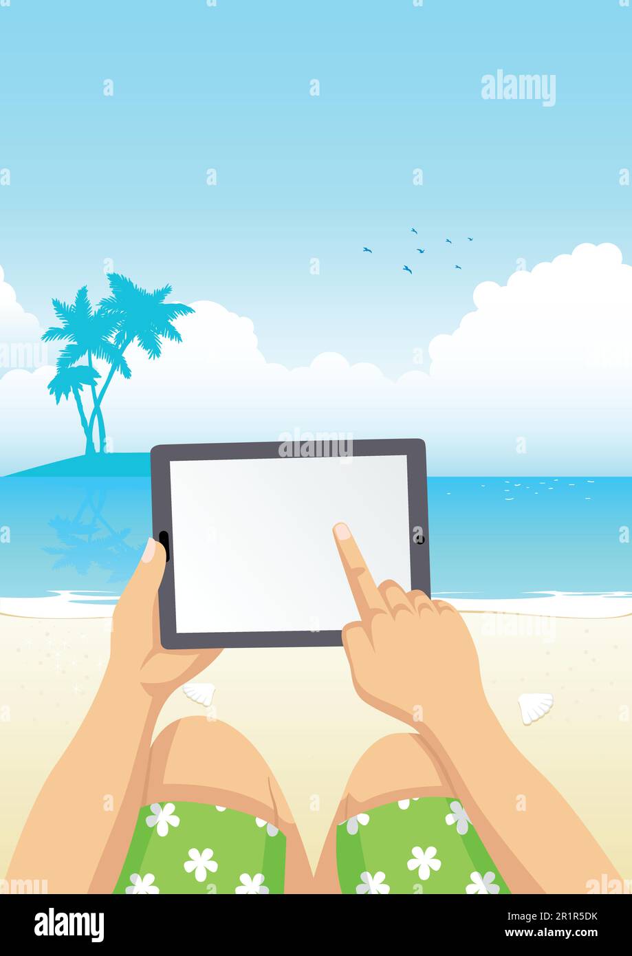 Cartoon-Illustration eines Mannes, der ein Computertablett am Strand verwendet Stock Vektor Cartoon-Illustration eines Mannes, der ein Computertablett am Strand verwendet Stock Vektor