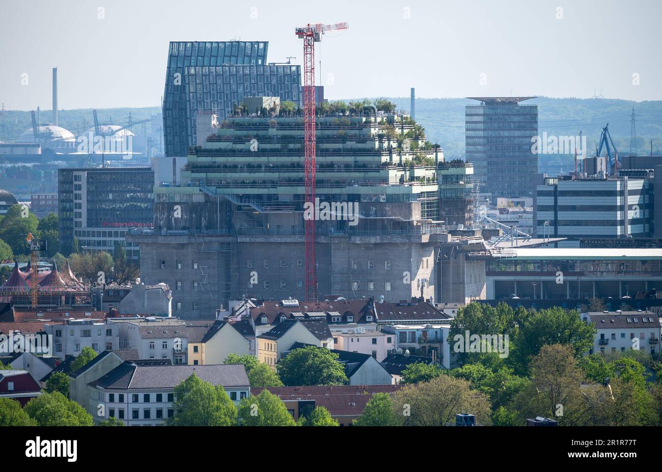 Mehr als 4000 Bäume werden auf einem Bunker aus dem 2. Weltkrieg in Hamburg gepflanzt. Am 15. 2023. Mai befindet sich das Projekt für das grüne Dach noch im Bau Stockfoto
