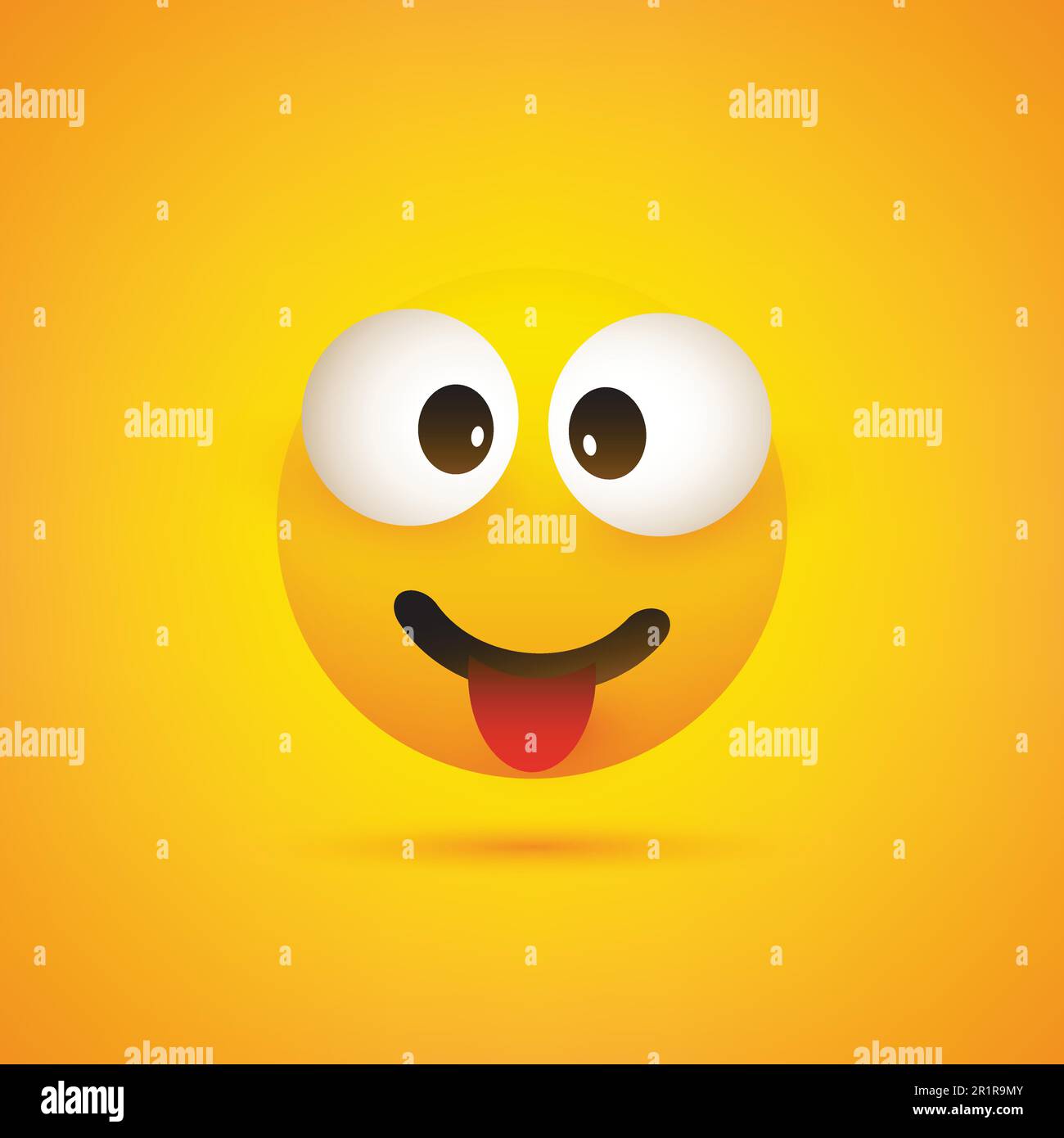 Lächelnder Emoji mit ausgestreckter Zunge - einfaches, glänzendes Happy Emoticon auf gelbem Hintergrund Stock Vektor