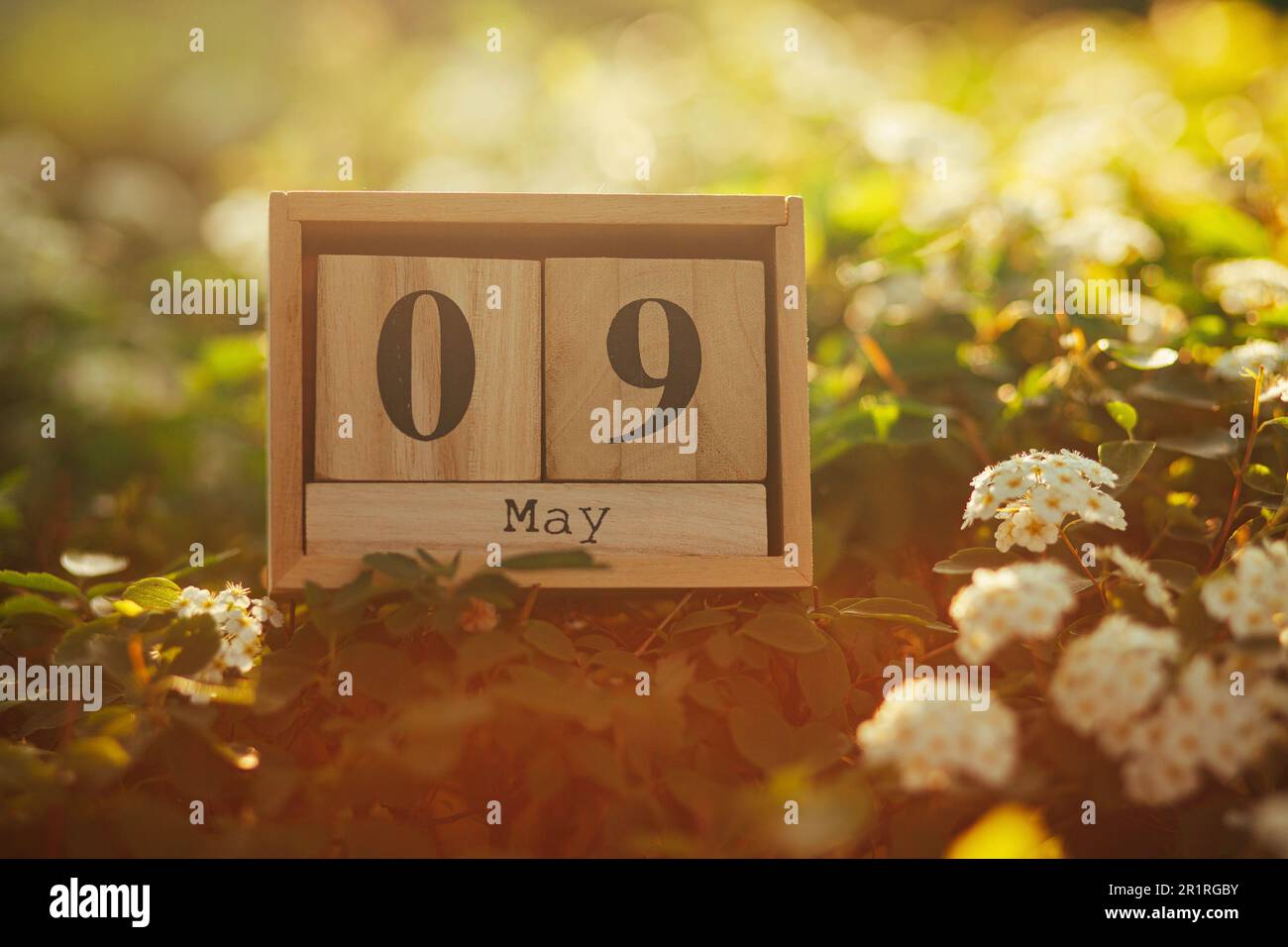 Holzblöcke mit dem Kalenderdatum vom 9. Mai inmitten von Blumen Stockfoto