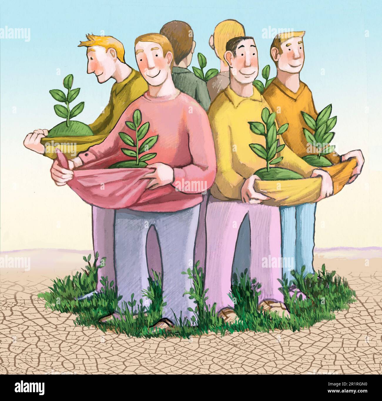 Männer in einem Kreis halten Pflanzen in den Armen, lassen das Grün mitten in der Wüste wieder wachsen, eine Metapher für die Stärke der ökologischen Assoziationen Stockfoto