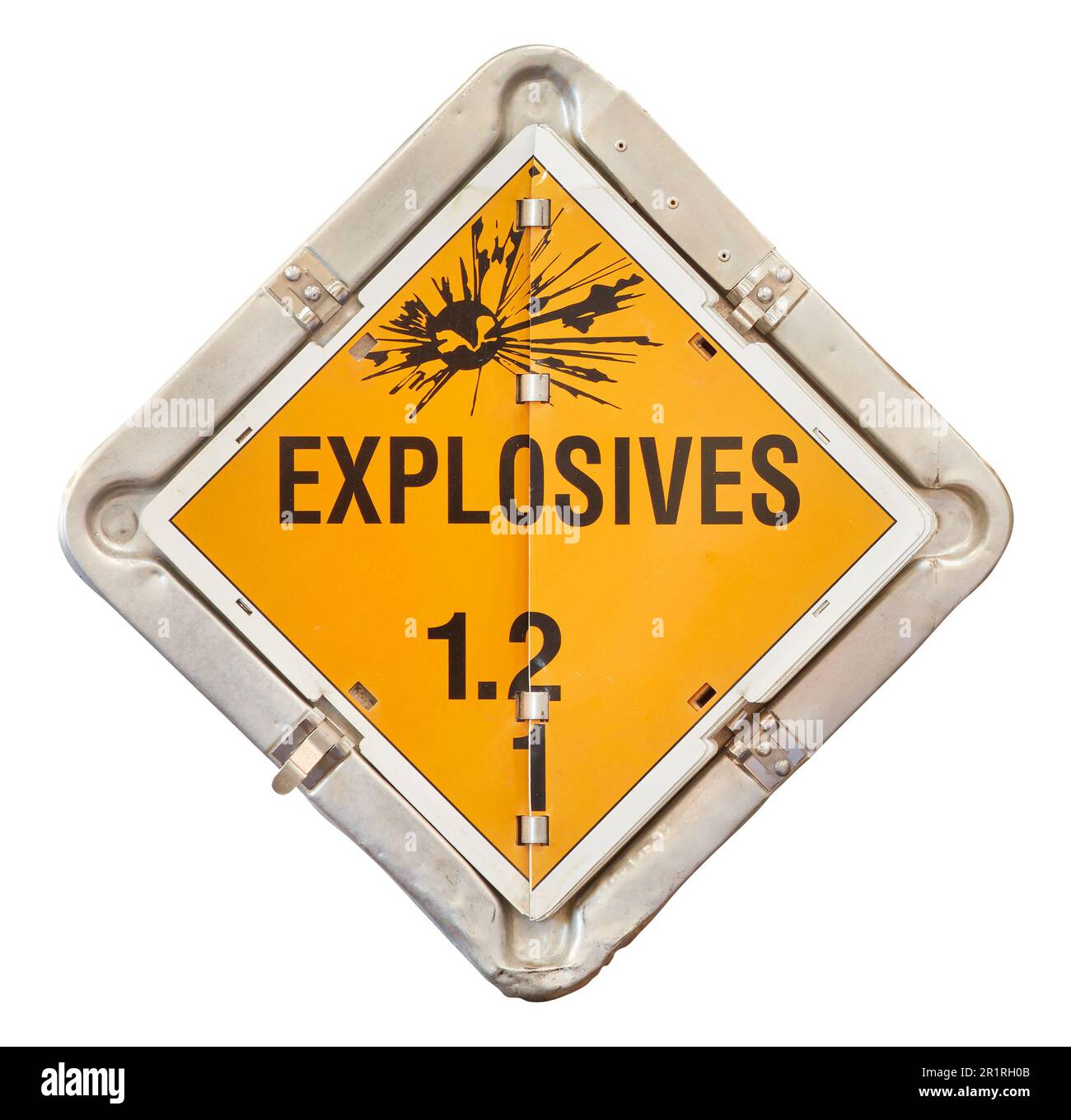 Sprengstoffschild aus Metall mit orangefarbenem Warnschild isoliert auf weißem Hintergrund Stockfoto