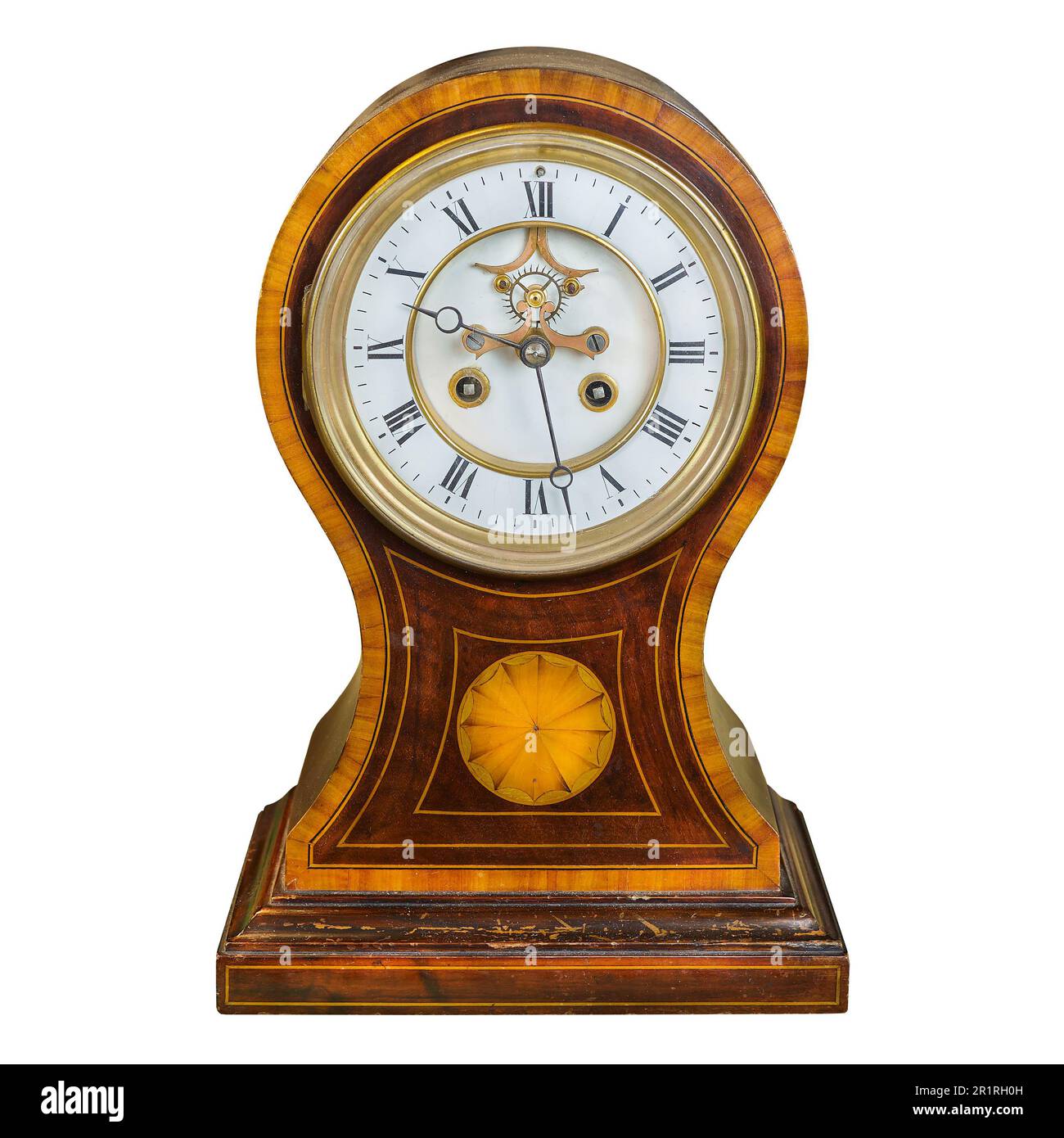 Rund um die alte Uhr aus Holz isoliert auf weißem Hintergrund Stockfoto
