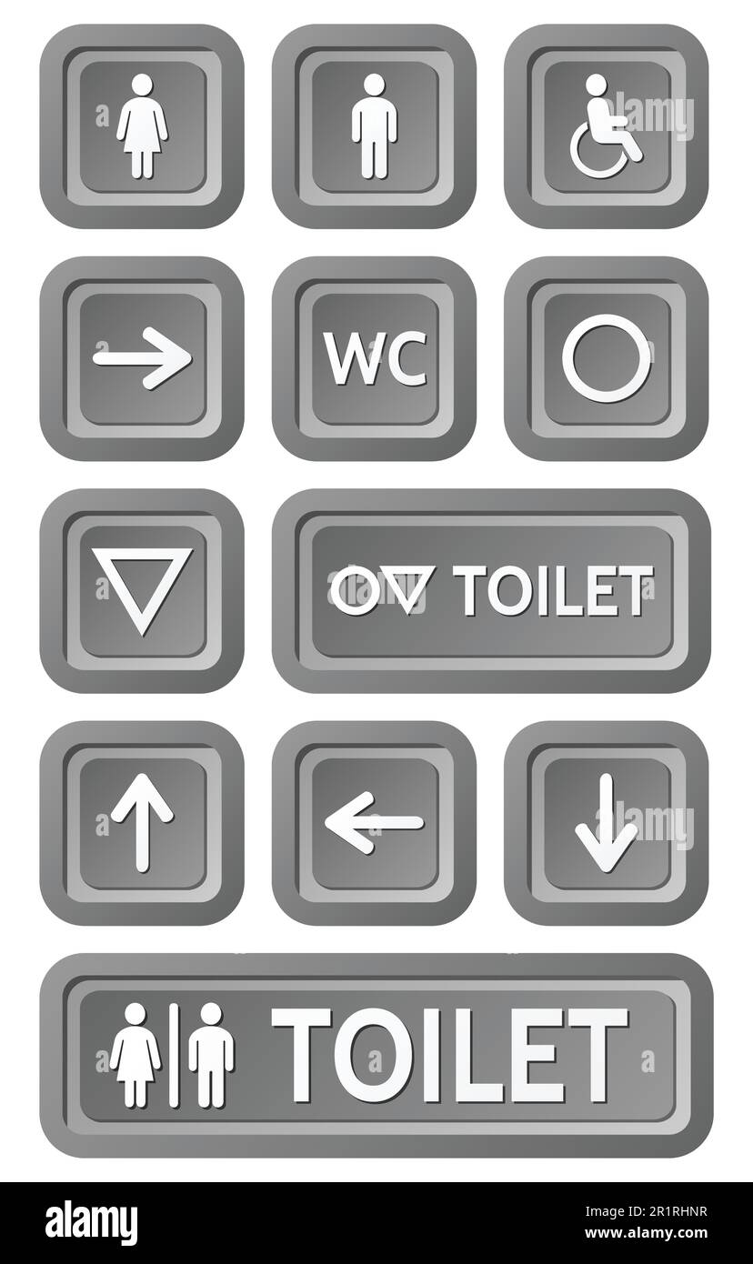 Die grauen Zeichen gesetzt auf die Toilette. Verschiedene Symbole mit Silhouetten der Toilette. Stock Vektor