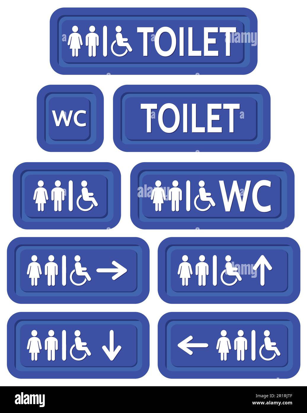 Die blauen Schilder auf die Toilette gesetzt. Verschiedene Symbole mit Silhouetten der Toilette. Stock Vektor