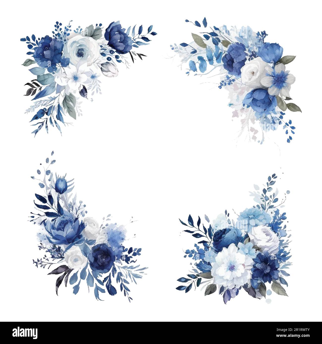 Staubige blaue Rose, echeveria Succulent, weiße Hortensien, Ranunculus, Anemone, Eukalyptus, Wacholdervektordesign Hochzeitssträuße. Saisonale Blumenkarte Stock Vektor