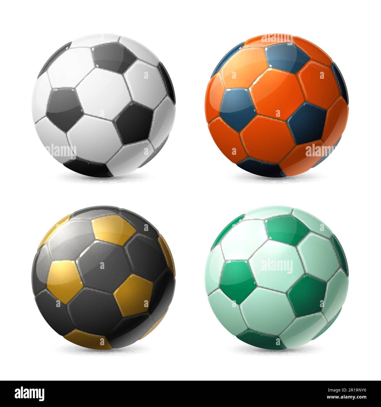 Fußballbälle in realistischen Farben. Isolierter 3D-Sportbestand, Teamspiel-Objekt, Fußballausrüstung, geometrischer klassischer Druck und verschiedene Farbschemata Stock Vektor