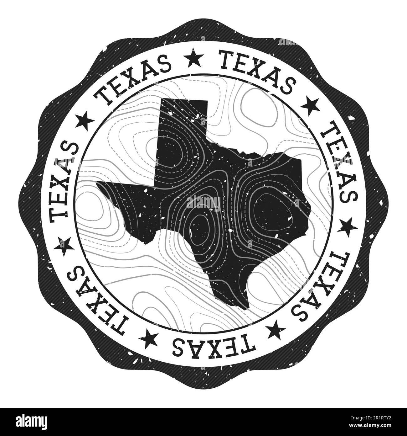 Texas-Stempel für den Außenbereich. Runder Aufkleber mit Karte des US-Bundesstaates mit topographischen Isolinien. Vektorabbildung. Stock Vektor