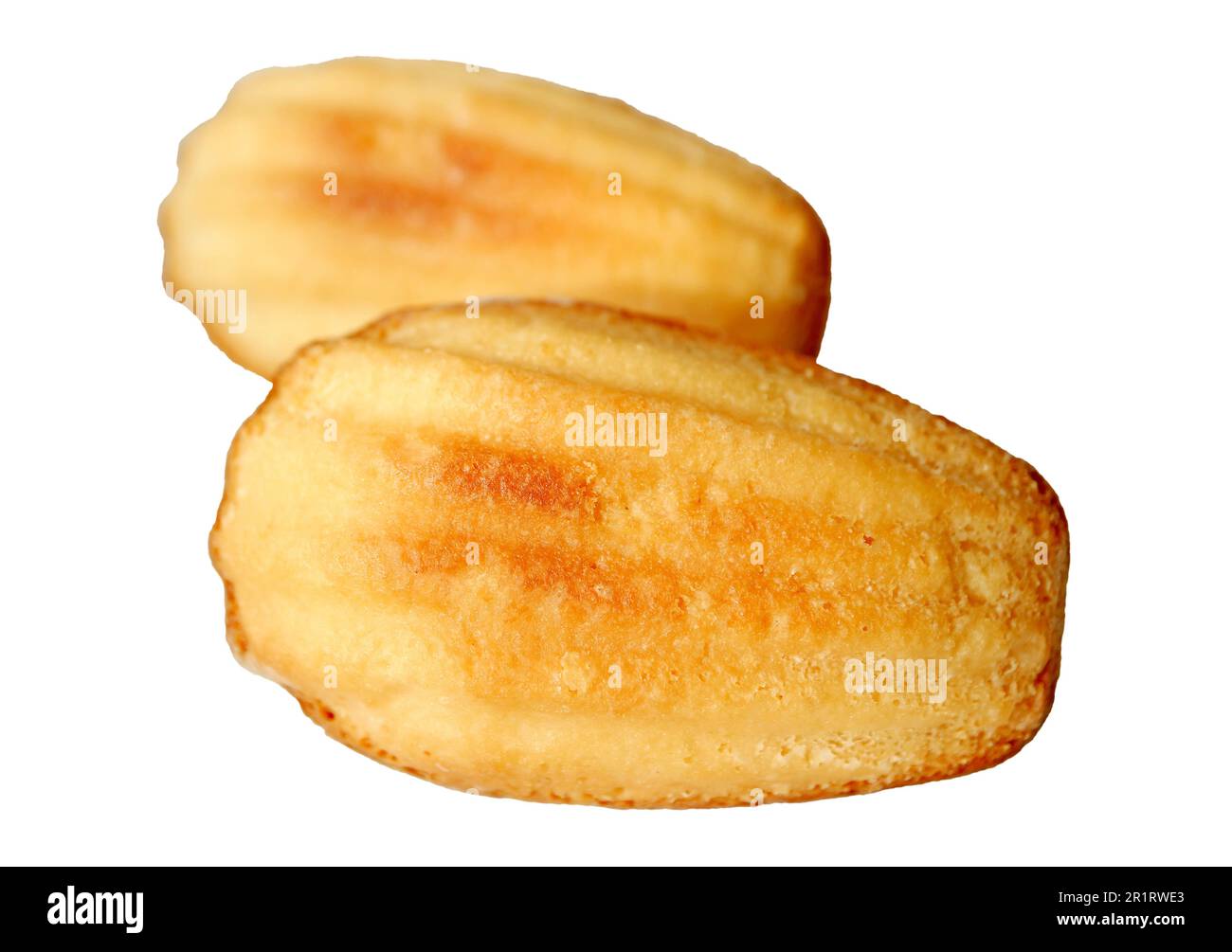 Zwei köstliche kleine Madeleine-Kuchen, isoliert auf weißem Hintergrund Stockfoto