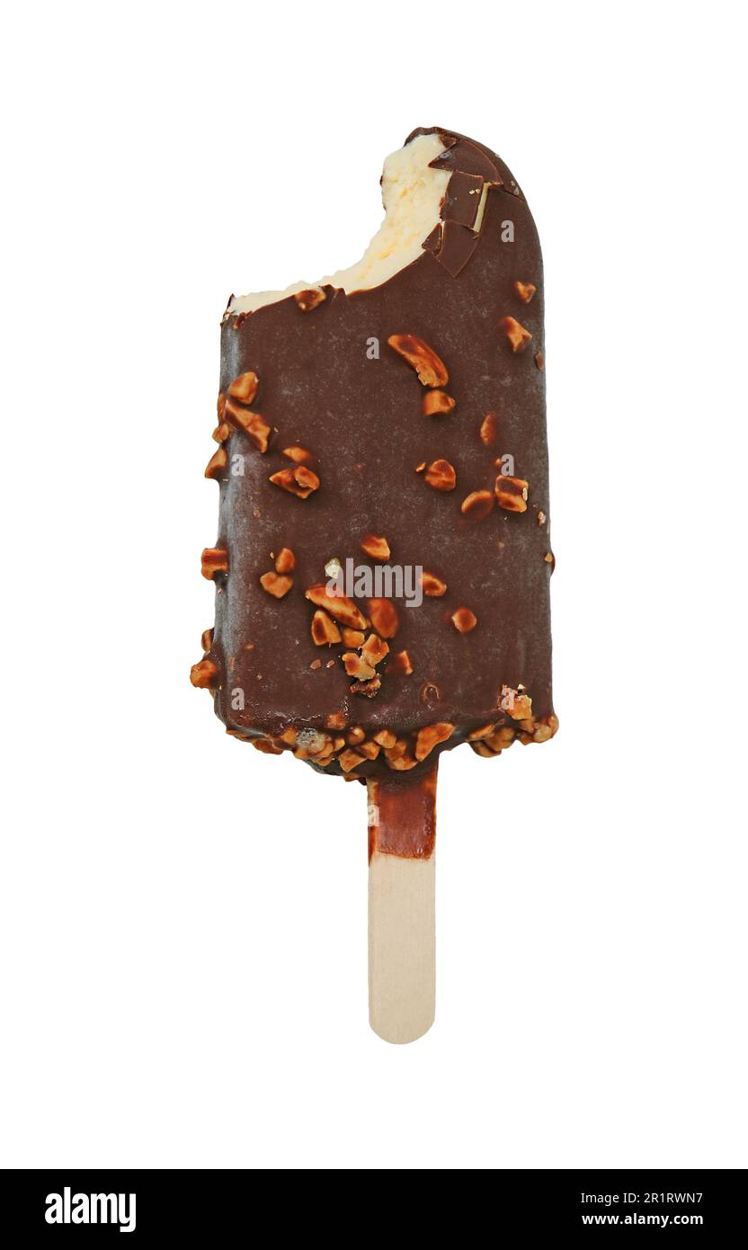 Bitten Chocolate Dipped Ice Cream Bar, isoliert auf weißem Hintergrund Stockfoto