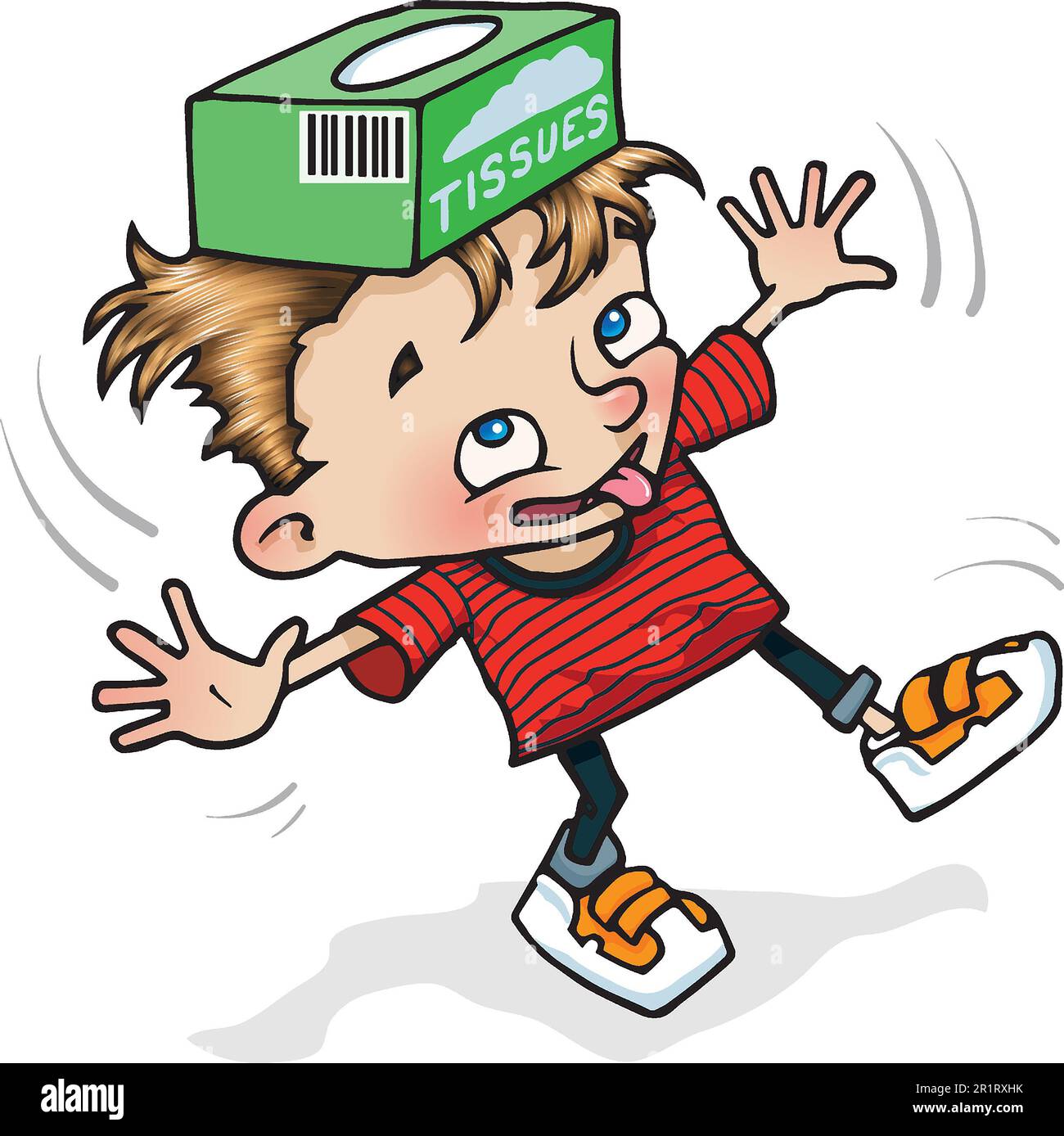 Art Cartoon-Illustration eines jungen Jungen im Alter von 5 bis 7 Jahren, balanciert eine Kiste auf seinem Kopf, lernt durch Spiel, Bewegung, Beweglichkeit, Koordination, Karosseriesteuerung. Stockfoto