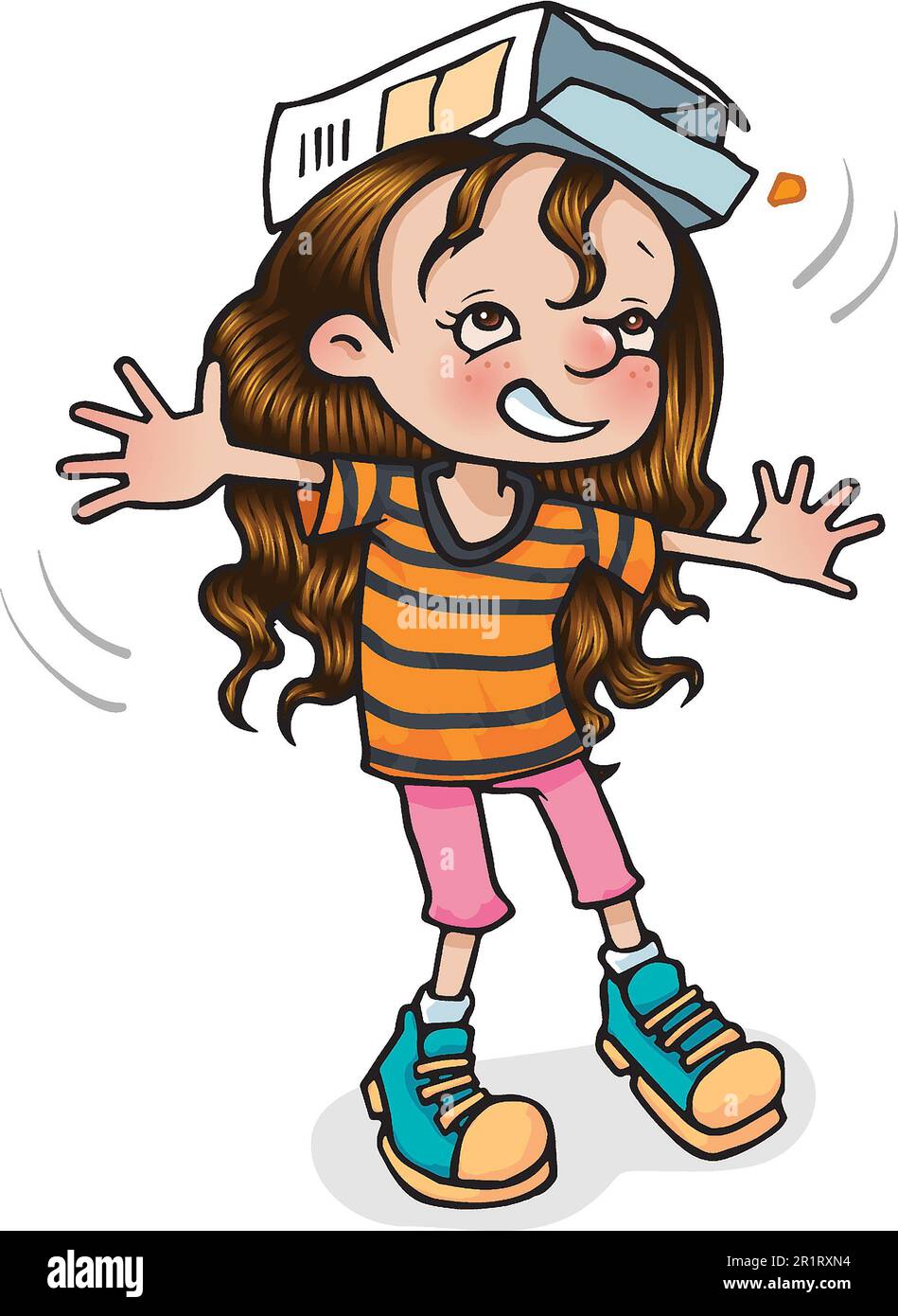 Art Cartoon-Illustration eines jungen Mädchens im Alter von 5 bis 7 Jahren, balanciert eine Kiste auf ihrem Kopf, lernt durch Spiel, Bewegung, Beweglichkeit, Koordination, Karosseriesteuerung. Stockfoto