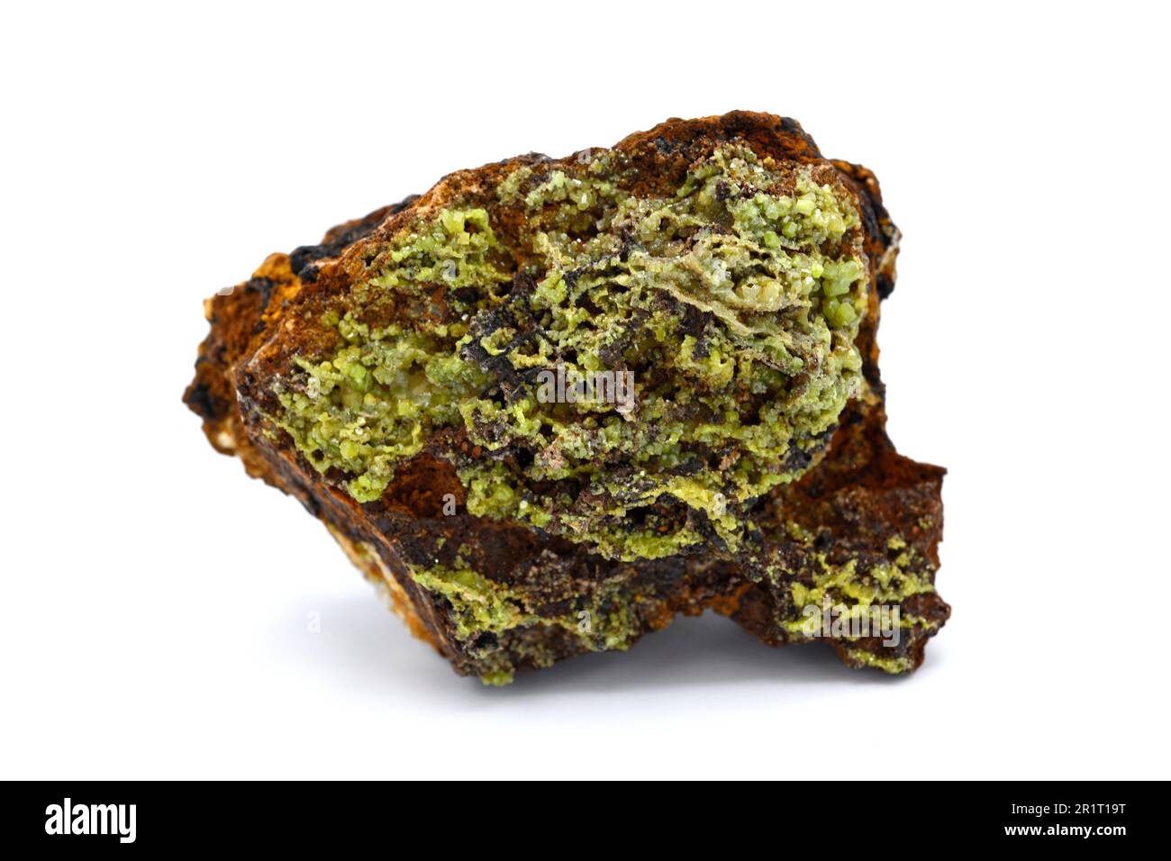 Pyromorphit ist ein Bleiphosphat-Mineral. Diese Probe stammt aus Moulay Bouazza, Marokko. Stockfoto