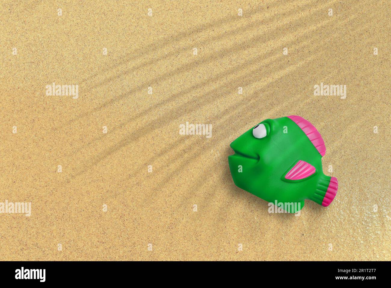 Zusätzlicher Blick auf grüne Gummifische am Sandstrand. Hintergrund des Urlaubskonzepts. Stockfoto