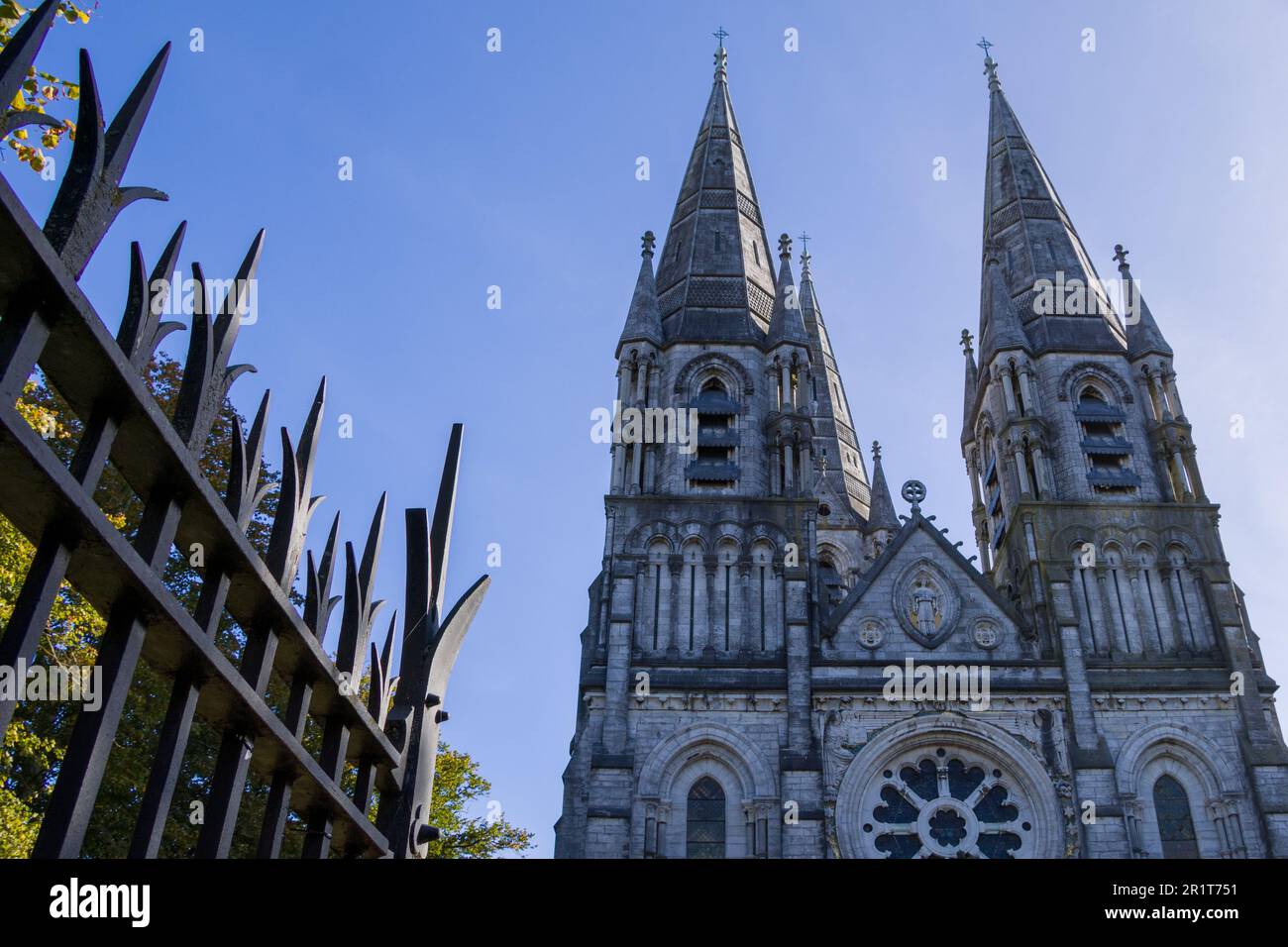 Die Fassade der anglikanischen Kathedrale von Saint Fin Barre in Cork, Irland. Neogotische Architektur. Zwei Türme. Stockfoto