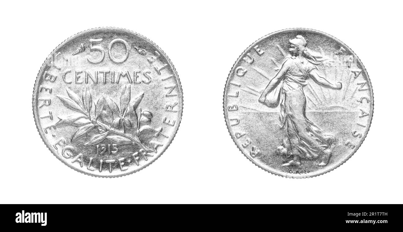 Vorder- und Umkehrung von 1915 50-Centimes-silbermünze, isoliert auf weißem Hintergrund Stockfoto