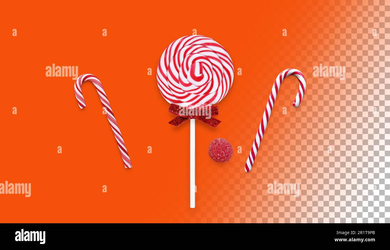 Verschiedene Süßigkeiten für Geschenke an Kinder isoliert auf Transparent. Stockfoto