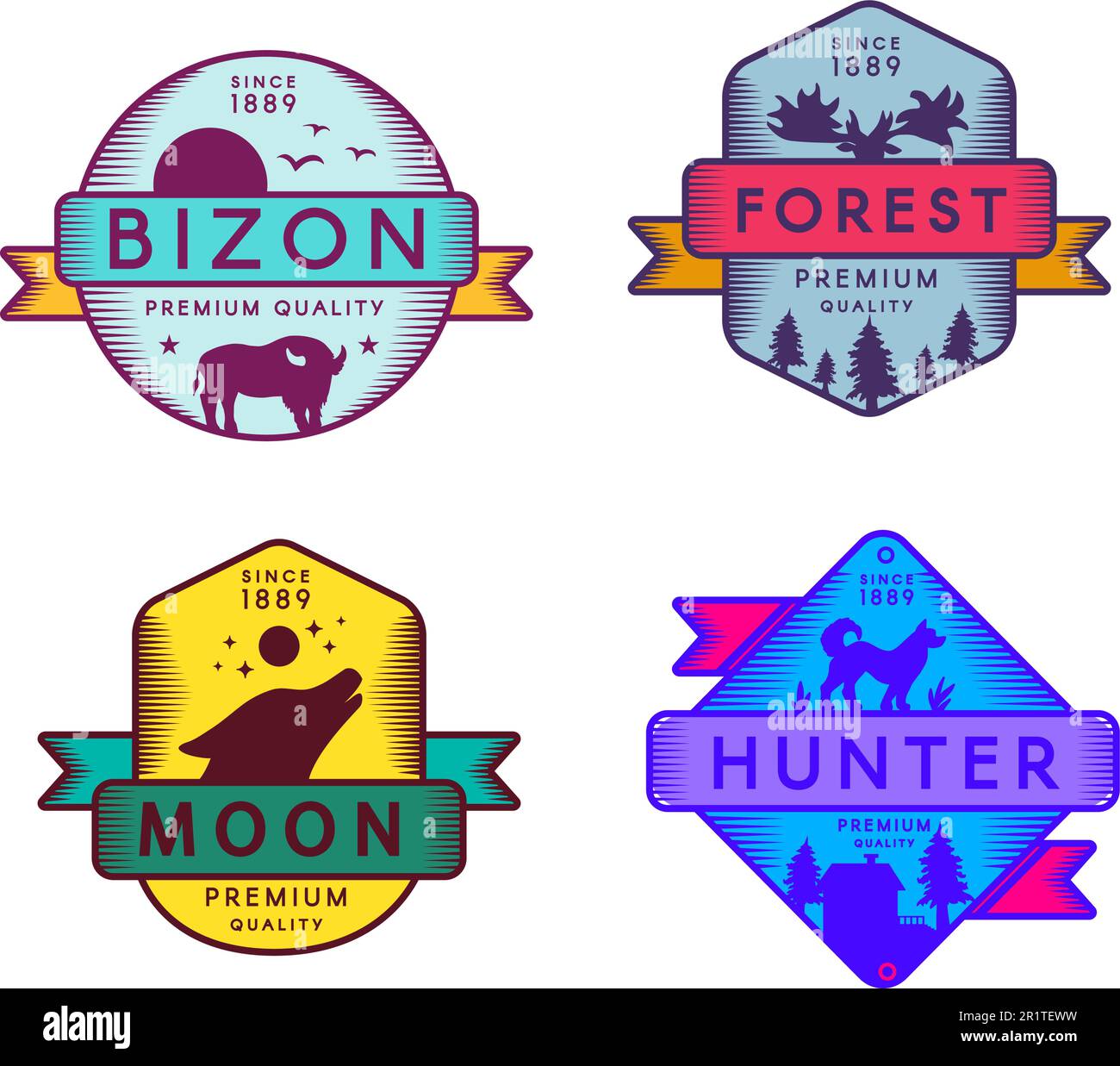 Logo von Wild Bizon and Hunter, Moon and Forest Set. Farbenfrohes Sortiment Markenzeichen Premium-Qualität. Heulende Silhouetten von Wolf und Hirsch, Hund und Büffel Stock Vektor