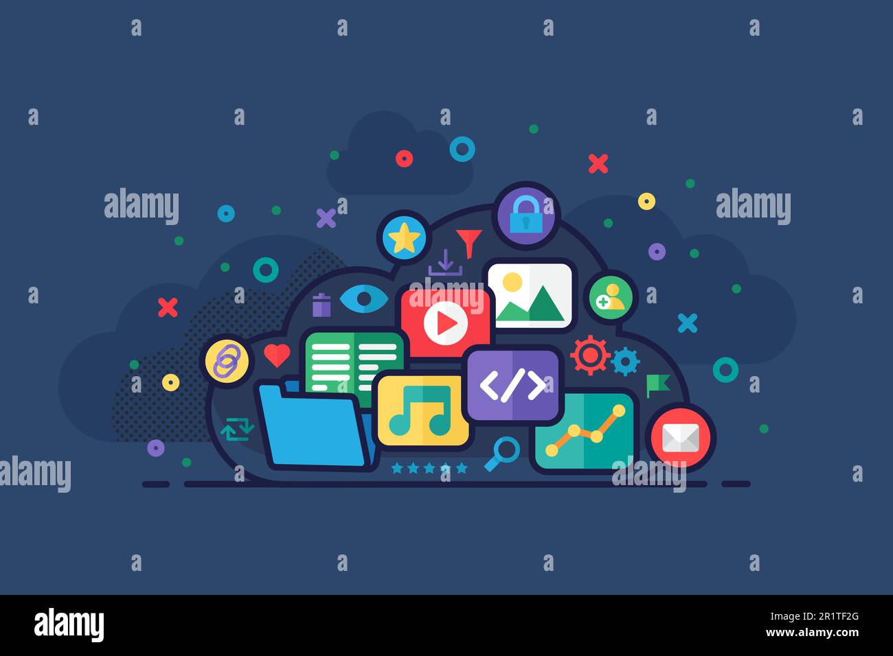 Vector Cloud Storage Concept Illustration mit Cloud mit Symbolen wie Grafiken, Dokumenten, Musik oder Audio, Video oder Kino, Bild oder Foto, Code ein Stock Vektor