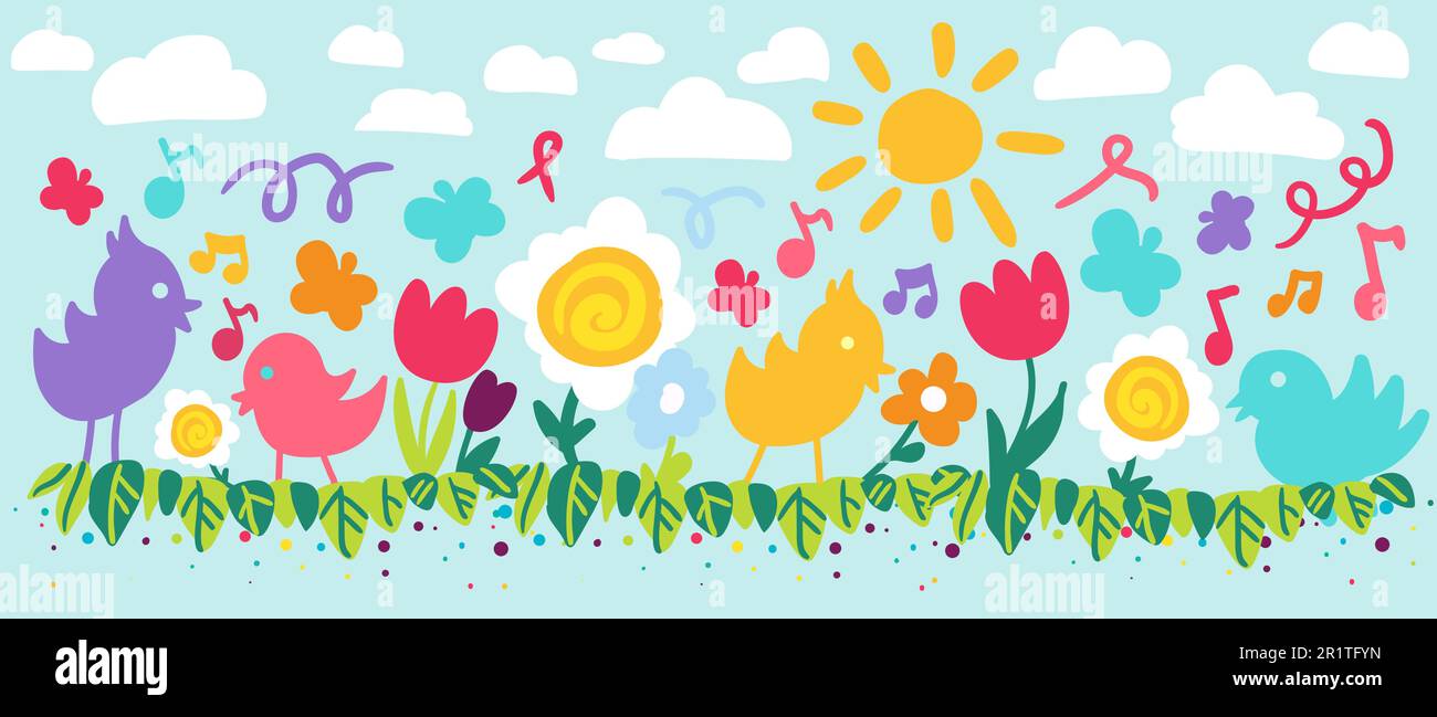 Blüten und Vögel flache Vektordarstellung. Kleine Hühner im Freien. Landschaft, Frühlingshintergrund Stock Vektor