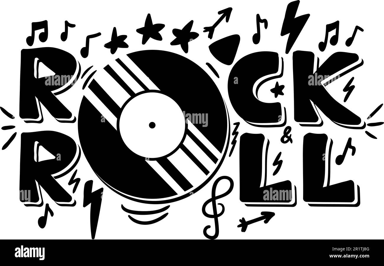 Von Hand gezeichnete Phrase „Rock and Roll“. Klassischer Schallplattenaufkleber. Kreativer Retro-T-Shirt-Druck Stock Vektor