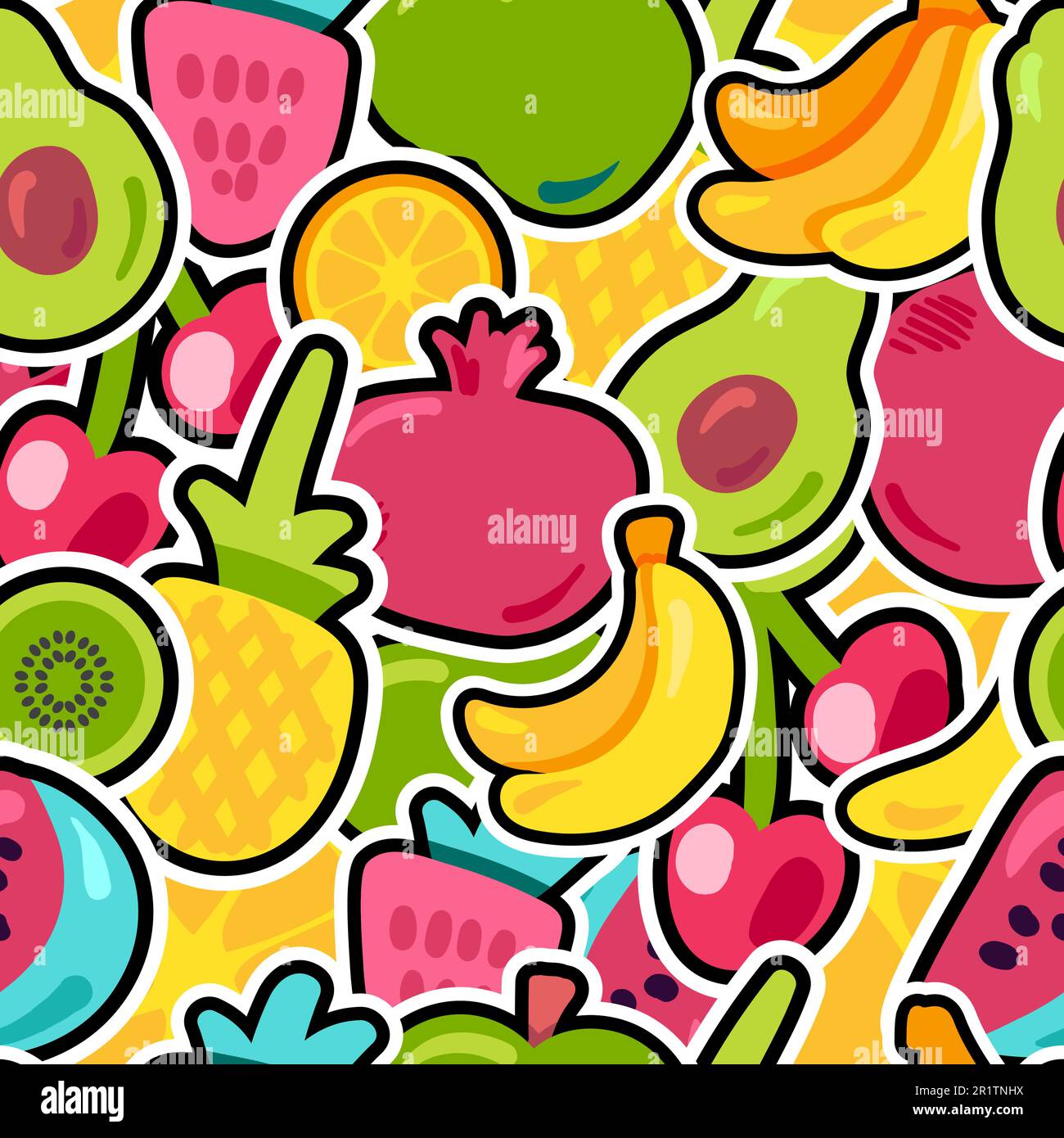 Frische Beeren Sommerfrüchte Mix Nahtloses Muster. Leuchtend Bemalte Ananas, Orangefarbener Hintergrund. Lustige Kirschen Kiwi und Avocado mit schwarzem Umriss. Kid P Stock Vektor