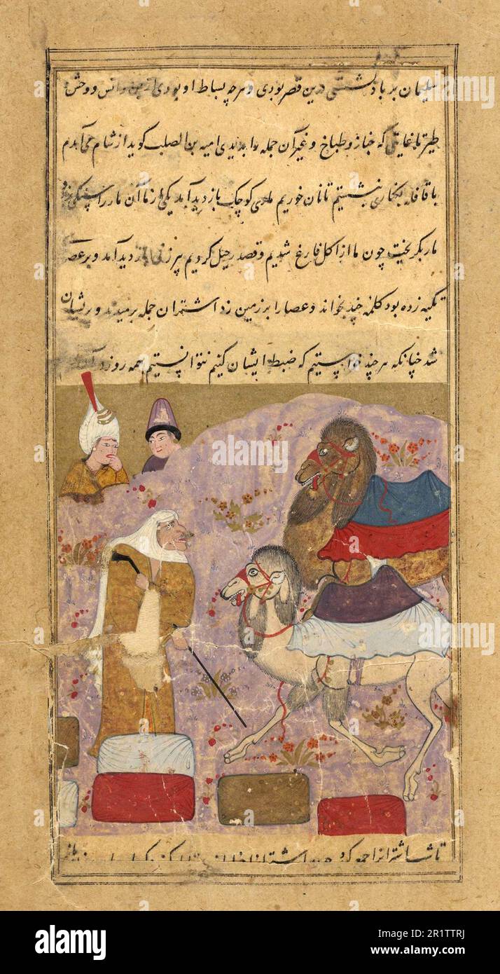 Eine Karawane aus Syrien trifft auf eine Hexe. Wenn die Hexe mit einem Stock auf den Boden trifft, sind die Kamele verängstigt und verstreuen sich. Wenn sie ein zweites Mal auf den Boden trifft, kommen die Kamele zurück. Die Abbildung zeigt die Hexe, die die Kamele sammelt, c. 1250, Persien, Historische, digital restaurierte Reproduktion eines Originals aus dem 18. Oder 19. Jahrhundert / eine Karawane aus Syrien trifft auf eine Hexe. Als die Hexe mit einem Stock auf den Boden schlagen, erschrecken die Kamele und laufen auseinander. Als sie ein zweites Mal auf den Boden schlagen, kommen die Kamele zurück. Matrize Abbildung zeigt die Hexe, Matrize Stockfoto
