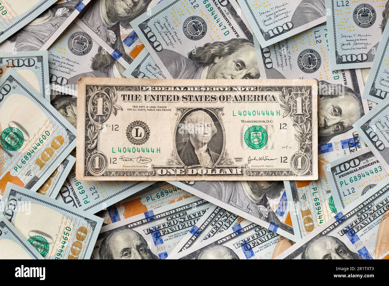 Dollarhintergrund, neue 100-Dollar-Scheine und 1-Dollar-Scheine drauf, Draufsicht. Das Konzept der Ersparnisse, der erfolgreichen Investition. Stockfoto