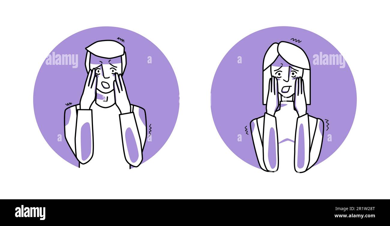Verängstigter Mann und Frau kreisen Symbol, Gefühl der Angst, Gesichtsausdruck mit Gesten. Ängstliche Menschen, die ihre Panikgefühle ausdrücken. Violetter Vektor Stock Vektor