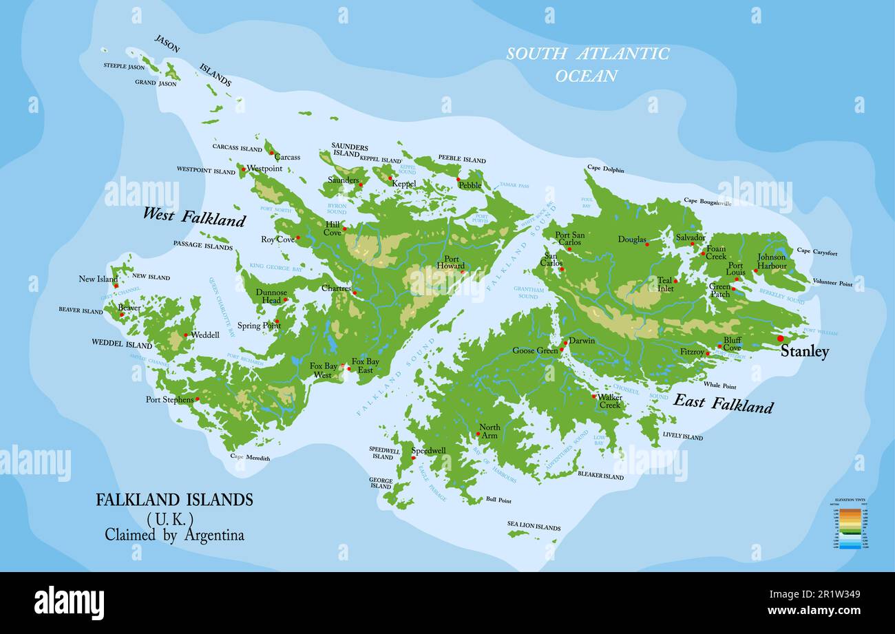Sehr detaillierte physische Karte der Falklandinseln im Vektorformat, mit allen Reliefformen, Regionen und Großstädten. Stock Vektor