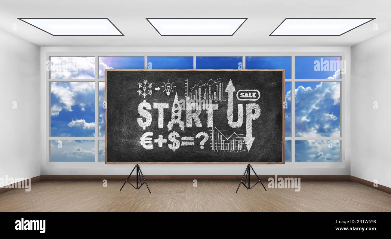Kreidetafel mit Startkonzept im weißen Raum Stockfoto