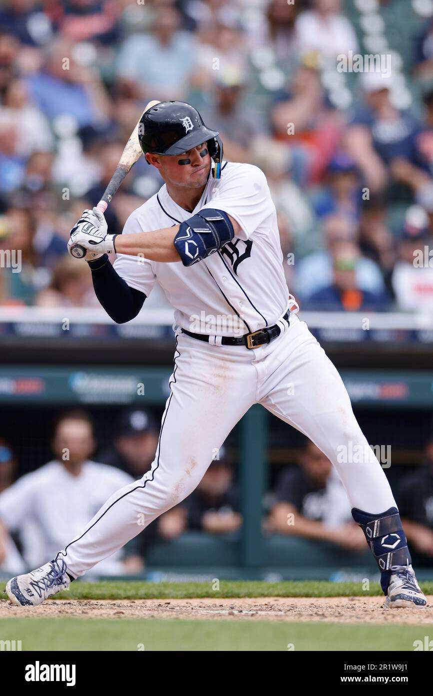 DETROIT, MI - Detroit Tigers erster Baseman Spencer Torkelson (20) schlägt während eines Major League Baseballspiels gegen die Seattle Mariners am 13. Mai 2023 im Comerica Park in Detroit. (Foto: Joe Robbins/Image of Sport) Stockfoto