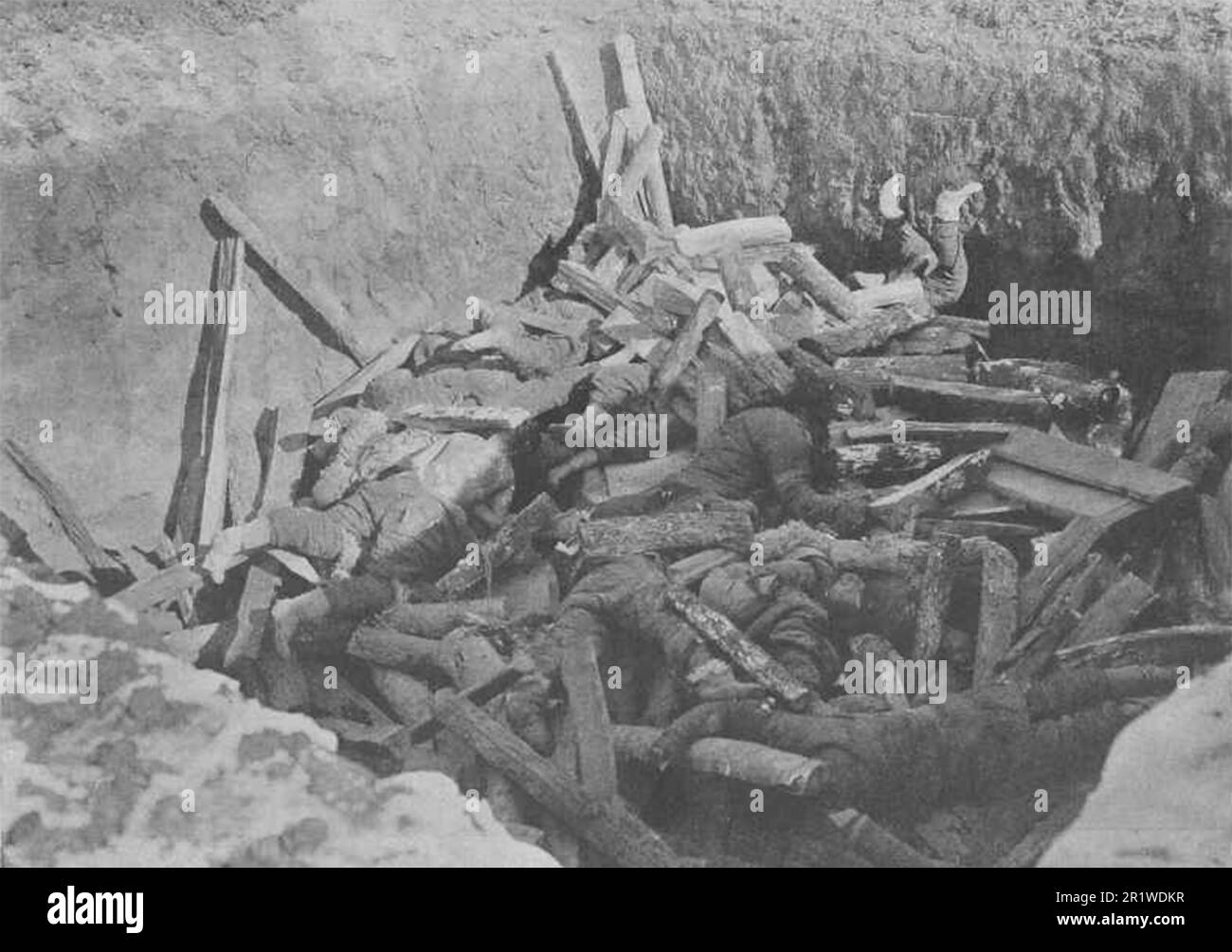 Eine Grube voller Pestleichen und Brennholz zum Verbrennen in Fujiadian (Daowai, China). Foto von 1911. Stockfoto