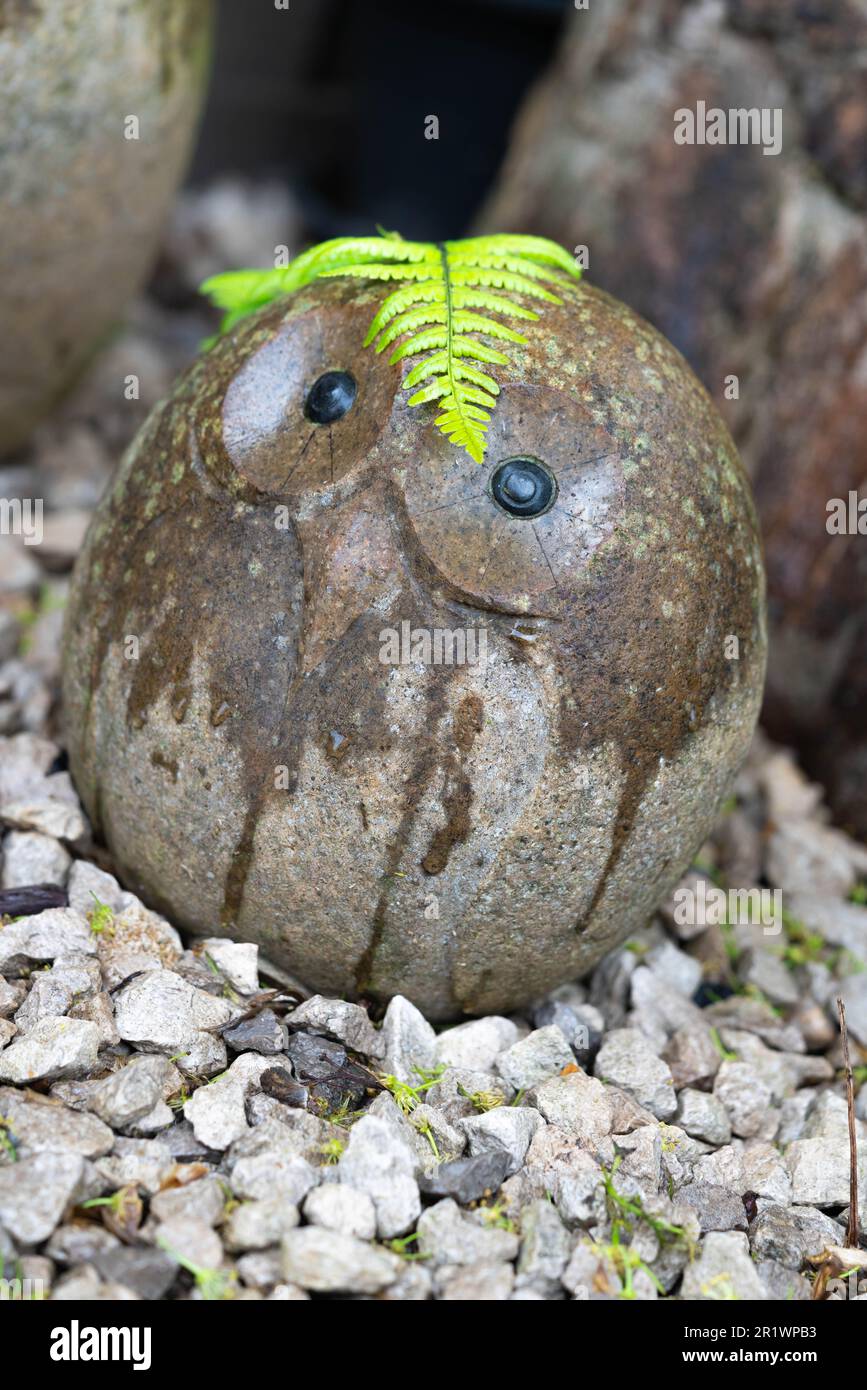 Steineifen, Gartenelemente, Granit, Vögel, Ornamente, Süßer Vogel, um Bäume gewickelt, schwarze Augen, süßer kleiner Garten, Karikaturen, Farne als Haar Stockfoto