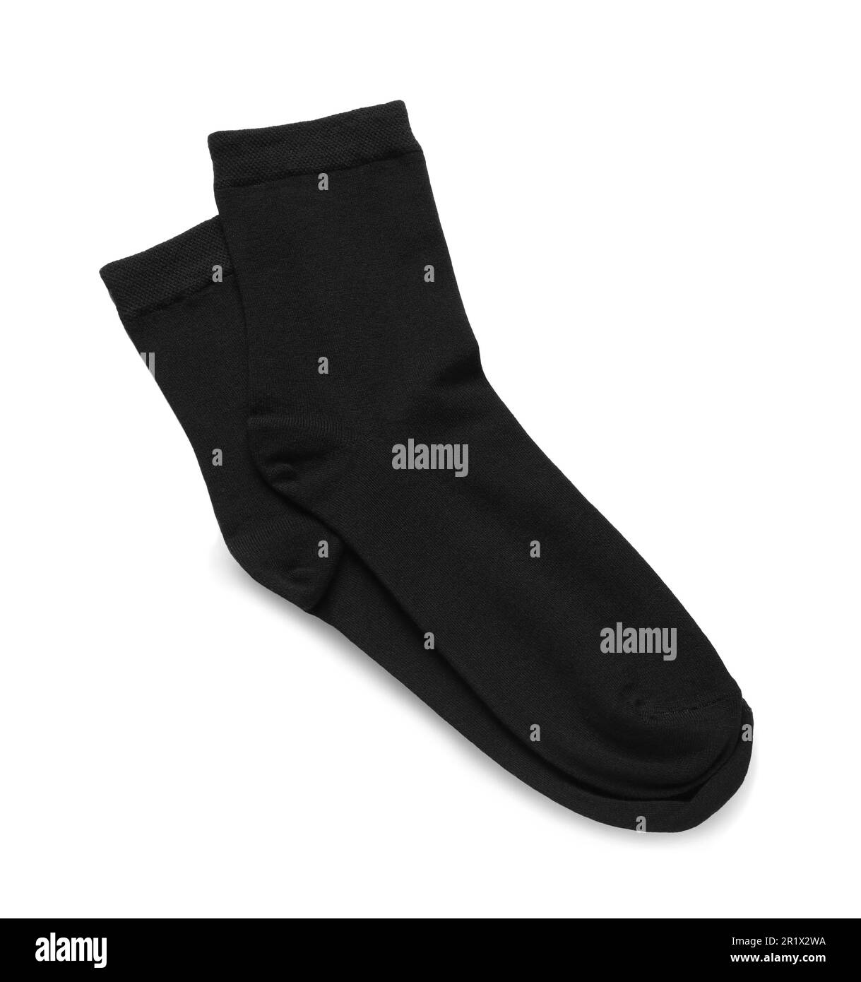 Paar schwarze Socken isoliert auf weiß, Draufsicht Stockfoto