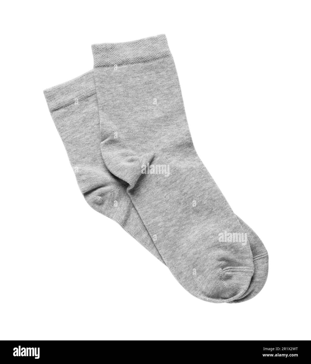 Paar graue Socken isoliert auf weiß, Draufsicht Stockfoto