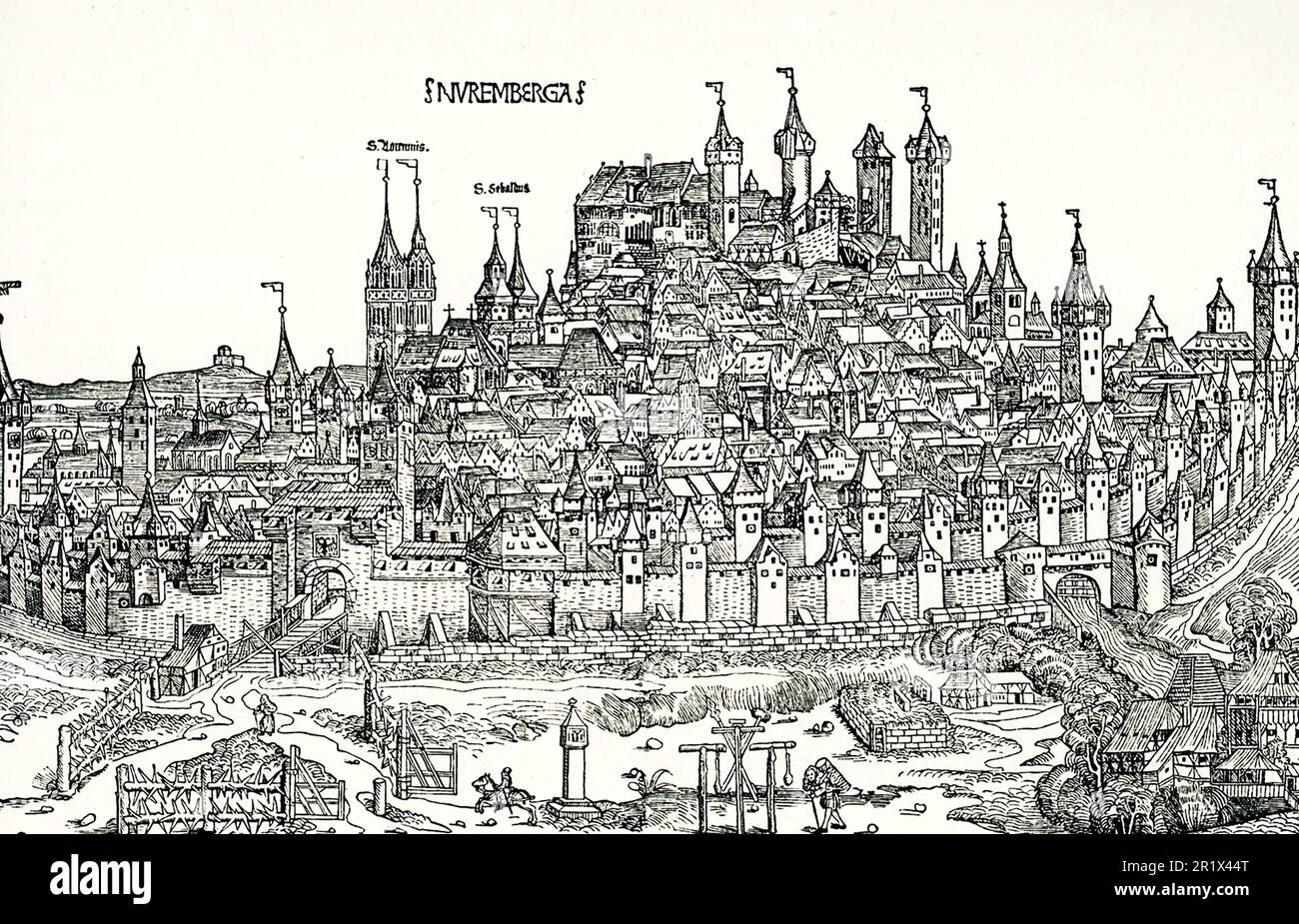 Der Titel von 1906 lautet: "Blick auf die Stadt Nürnberg im 15. Jahrhundert. Aus Hartmann Schedels Chronik der Welt." Hartmann Schedel (1440-1514) war ein deutscher Historiker, Arzt, Humanist und einer der ersten Kartografen, der die Druckerpresse nutzte. Er schrieb den Chronicle 1493. Stockfoto
