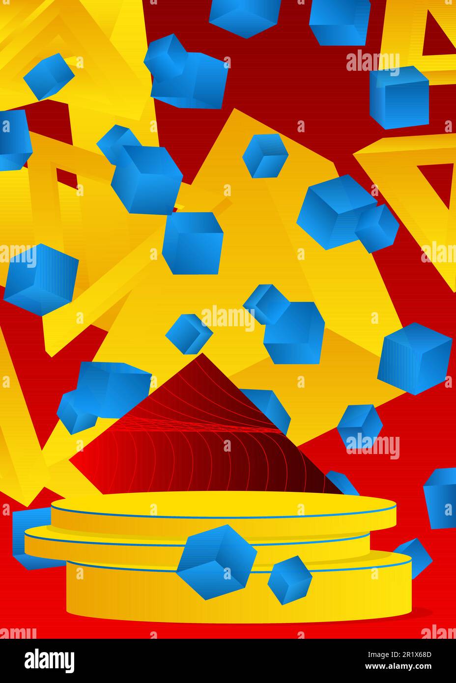 Blaues, rotes und gelbes Produktdisplay. Podium für Modellzylinder. Realistische Präsentation für die Präsentation. Abstrakte geometrische Mindestformen. Ve Stock Vektor Blaues, rotes und gelbes Produktdisplay. Podium für Modellzylinder. Realistische Präsentation für die Präsentation. Abstrakte geometrische Mindestformen. Ve Stock Vektor
