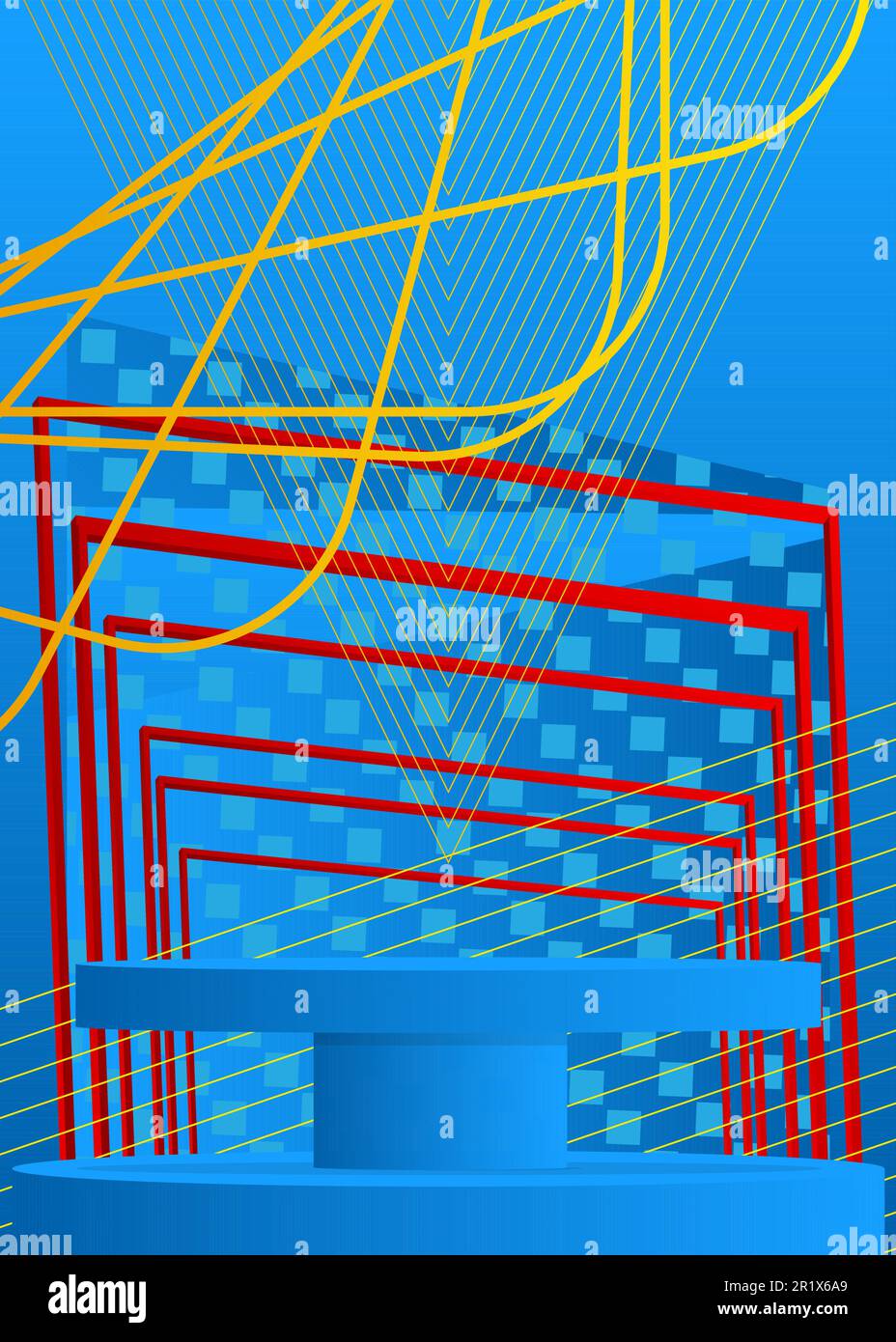 Blaues, rotes und gelbes Produktdisplay. Podium für Modellzylinder. Realistische Präsentation für die Präsentation. Abstrakte geometrische Mindestformen. Ve Stock Vektor Blaues, rotes und gelbes Produktdisplay. Podium für Modellzylinder. Realistische Präsentation für die Präsentation. Abstrakte geometrische Mindestformen. Ve Stock Vektor