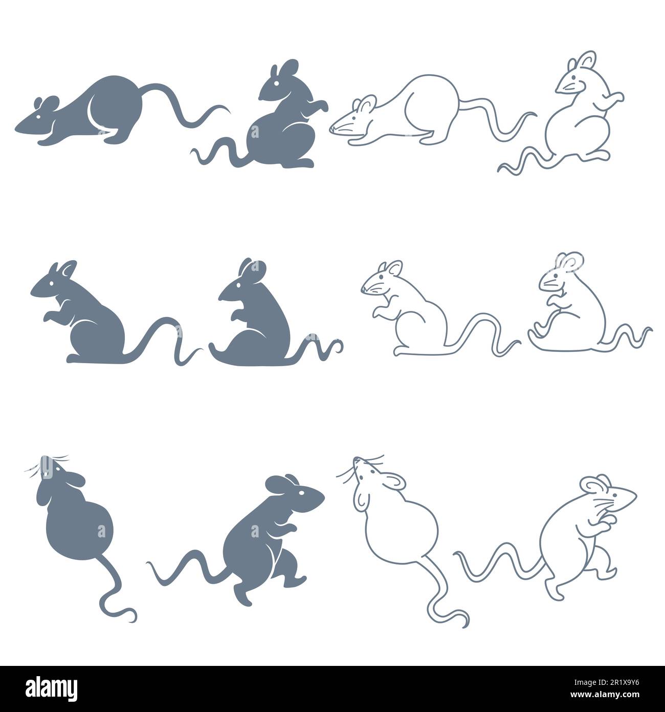 Isolierte Silhouetten und lineare Symbole von Ratten oder Mäusen, Schleichen und Sitzen Stock Vektor